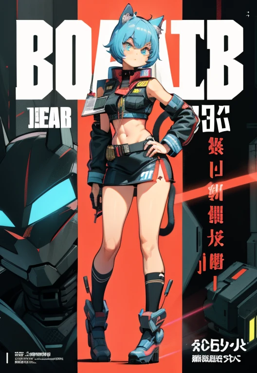 Depict face emerging from the shadows, magazine cover, poster art, robot Police, cat ears, Laser beam, hint of vibrant
