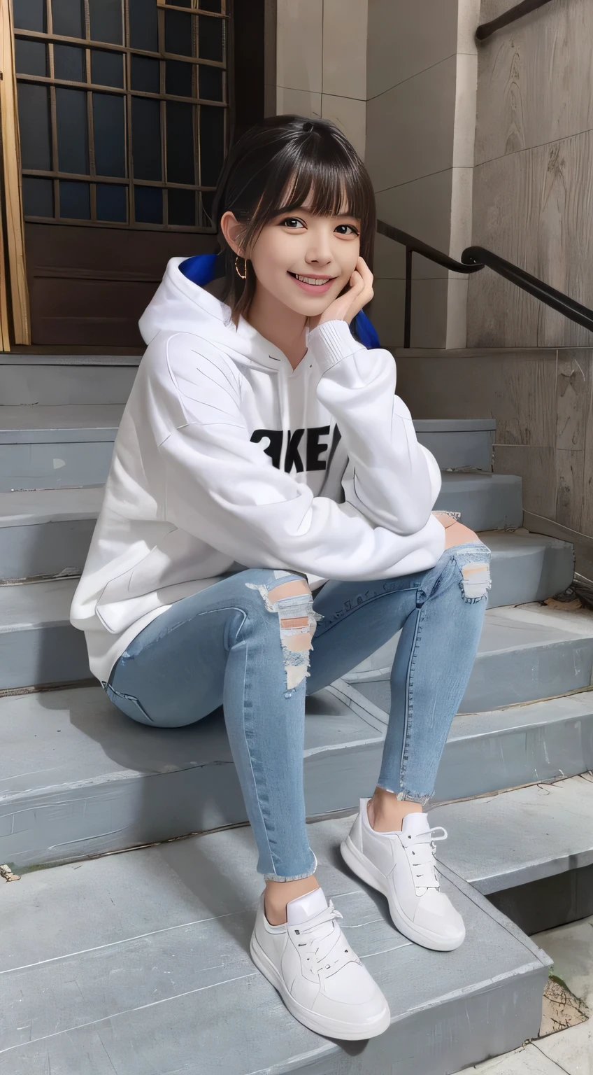 highest quality, Realistic, Very detailed, Finer details, High resolution, 8k wallpaper, One beautiful woman,Sit on the stairs、(Wear black socks)smile、(Beautiful teeth alignment、)(Gums are visible) Oversized hoodie, Skinny jeans,( Black sneakers)、Black Hair、 Beautiful Bangs、ear piercing、Perfect dynamic composition, Beautiful and detailed, Full Body Shot, A big smile Wearing colorful socks