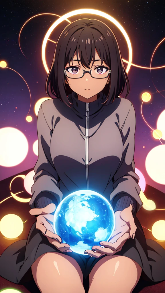 ((1girl)), anime, short dark hair, dark skin, shiny glasses lenses, mouth closed and expressionless, sitting, with her hands holding a glowing orb while two other glowing spheres orbit around her.