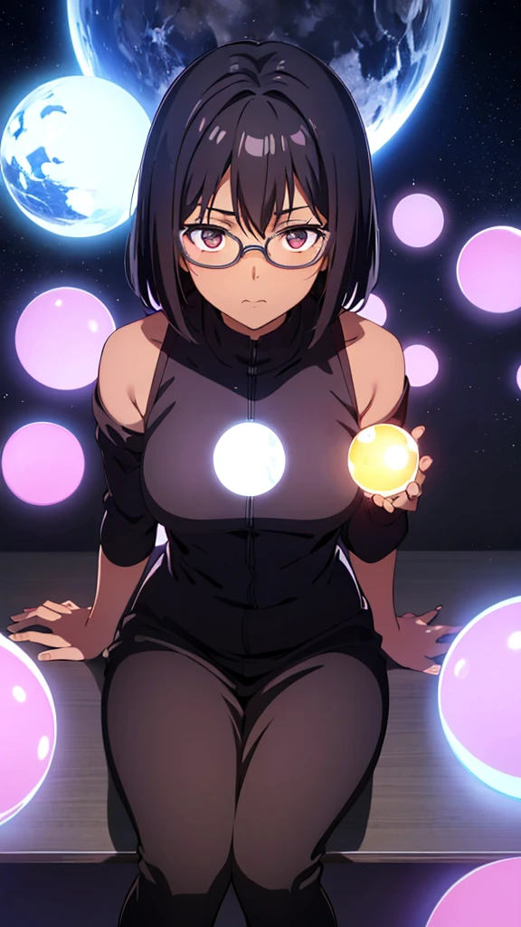 ((1girl)), anime, short dark hair, dark skin, shiny glasses lenses, mouth closed and expressionless, sitting, with her hands holding a glowing orb while two other glowing spheres orbit around her.