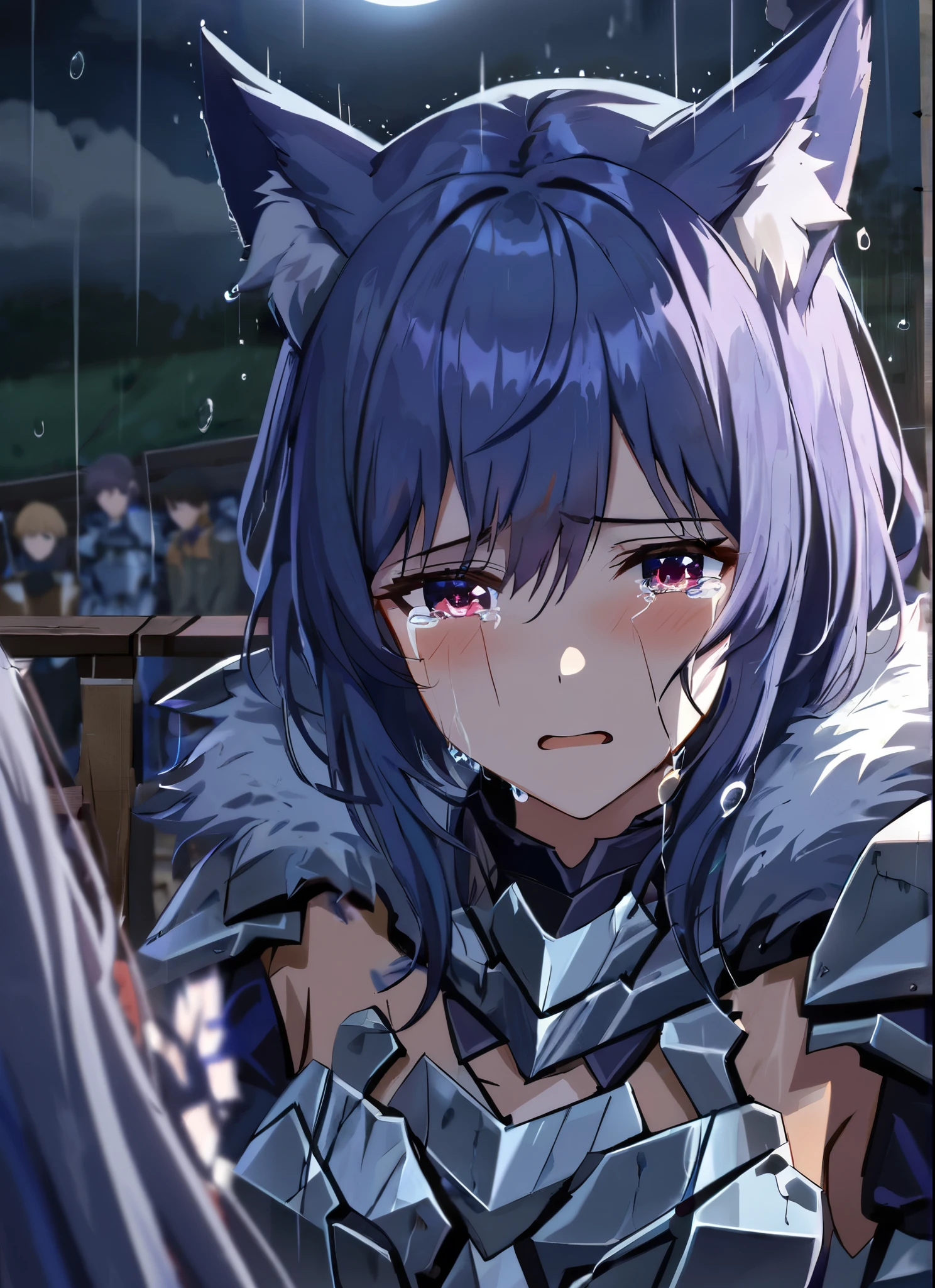 three girls, heartbroken, wearing a ultra shattered and ultra broken cute skimpy wolf armor,  lot of missing pieces, very damaged armor ,ripped clothes, fur, wolf friend ,tears, sad, dramatic scene, tears flowing in the face, campfield, rain, ultra detailed face, night, moonglow, light of the moon