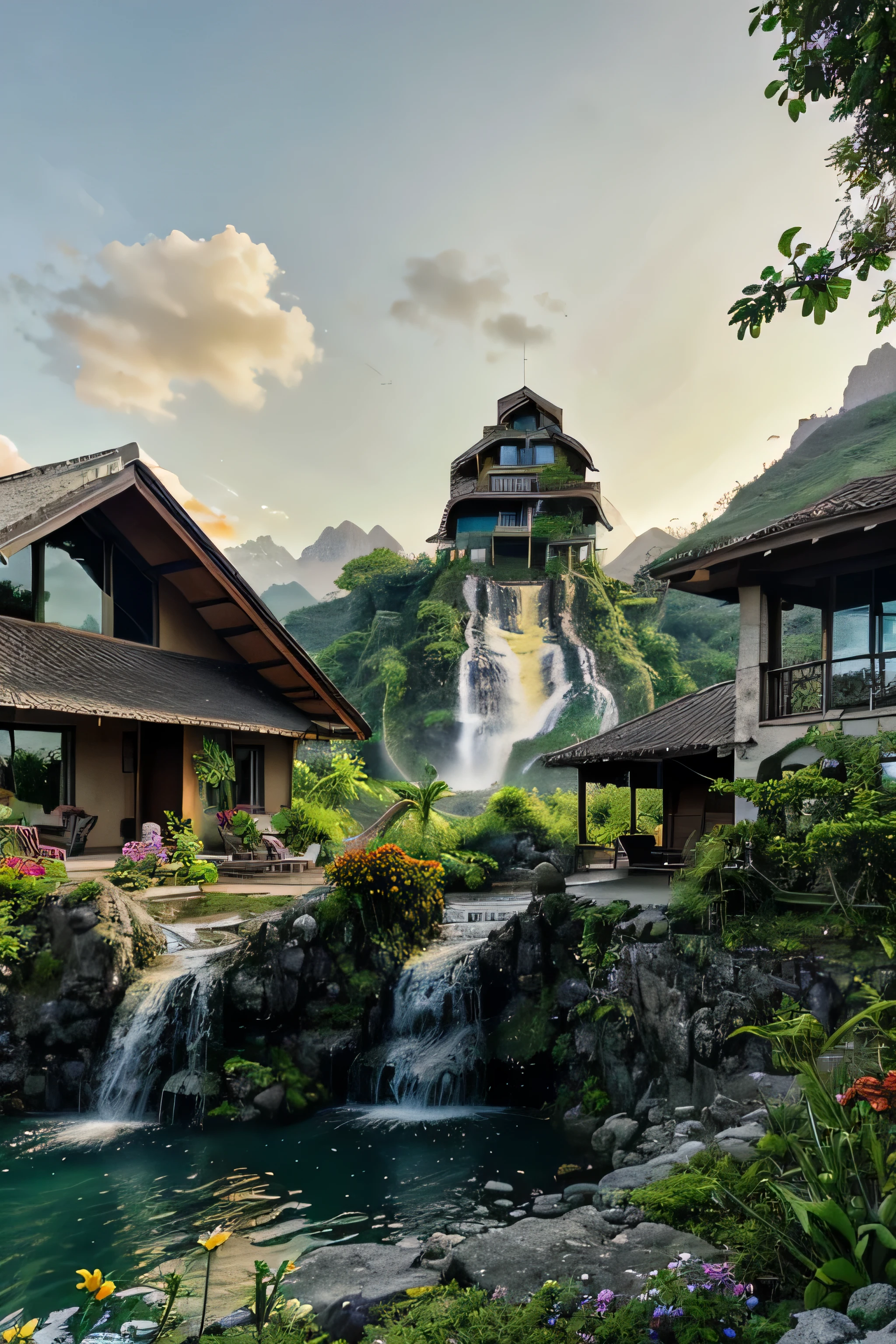 House in the jungle in front of the lake and waterfall nearby mountain with sun set and flowers