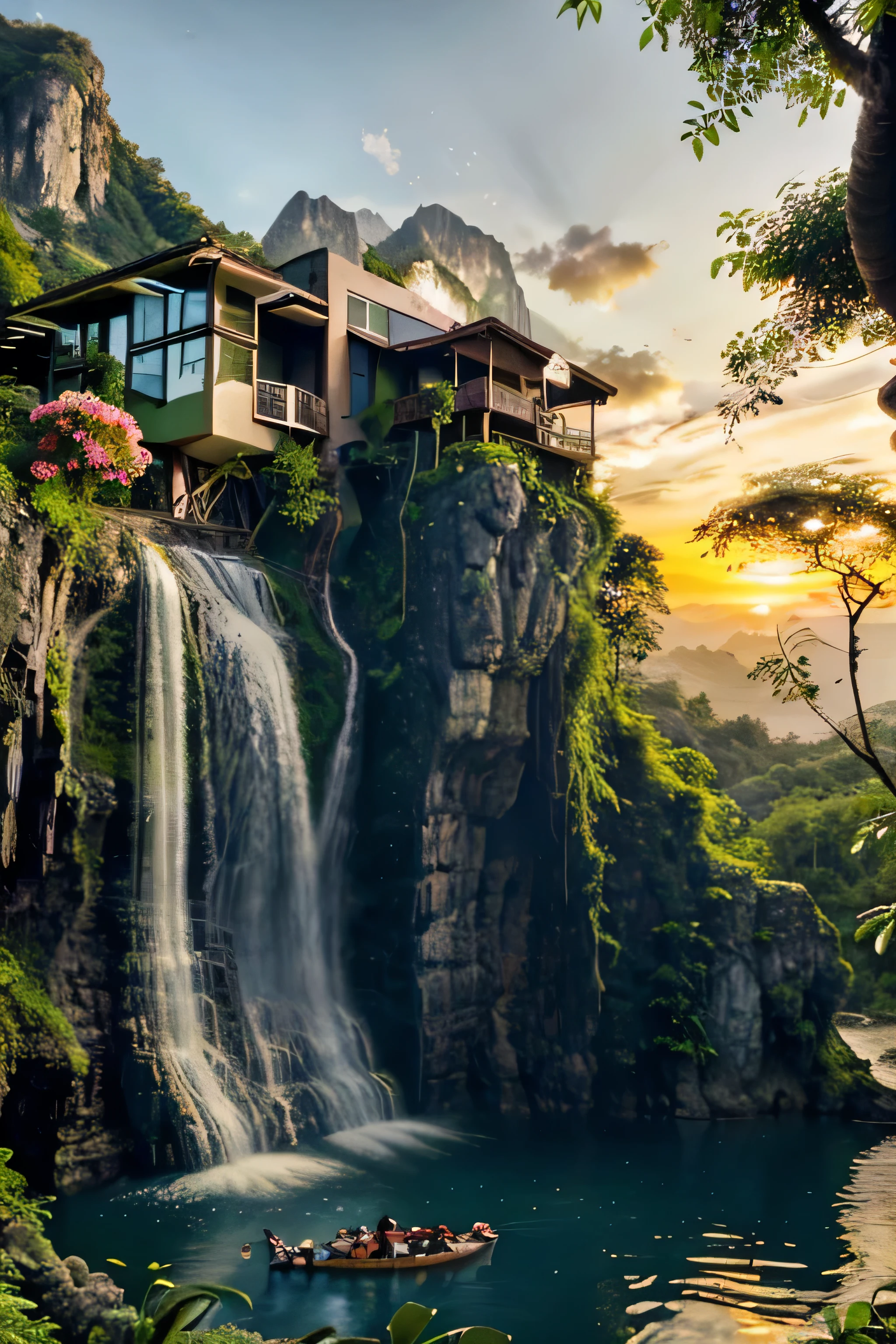 House in the jungle in front of the lake and waterfall nearby mountain with sun set and flowers