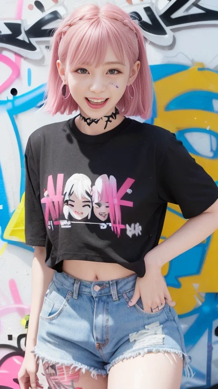 (Ultra-detailed), Black Psychedelic Shirt、blue eyes,Upper body、Close-up、18-year-old、face、(Laughter:1.5),(Look forward:1.2),(Tabletop:1.3, highest quality, Realistic, Very detailed, In detail, High resolution, 8k wallpaper), 1 beautiful girl, 美しいface, 詳細なface, Beautiful Eyes, Fine grain, seems to be happy、笑face, Earrings, necklace, Only 1 person,Pink Hair Medium Hair, (Pink Hair), Ear hair, , Single Blade, (Single Blade), (Side braid),On Stage, Spotlight, 、Denim shorts, choker, (graffiti:1.5), Paint splashes, Put your arms behind your back, Against the wall, View your viewers, Armband, Thigh straps, body paint,