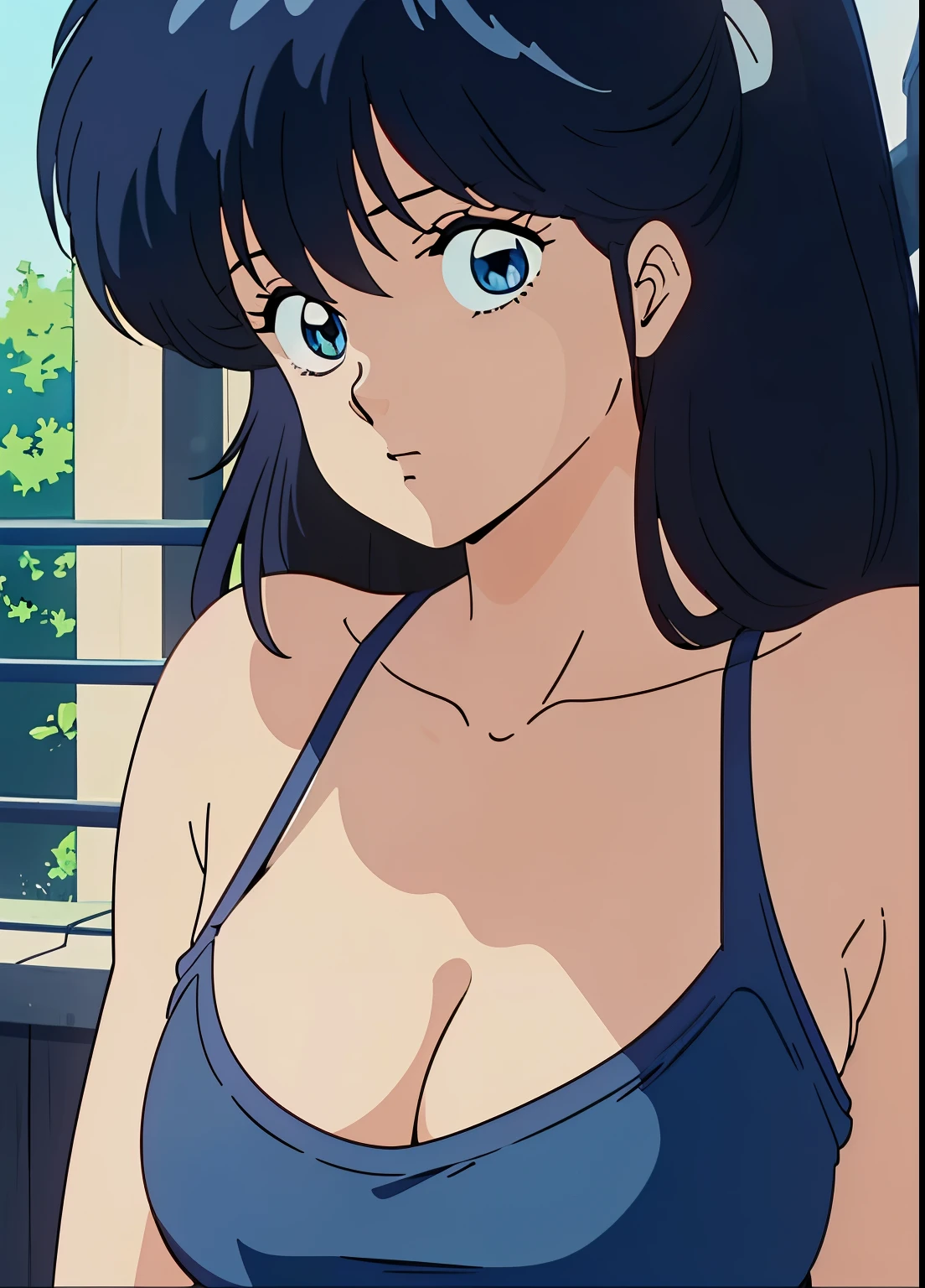 high quality, masterpiece, best quality, anime screen cap, 1girl, dark blue hair, white sleeveless shirt, shorts((Perfect Anatomy, beautifull detailed face, Beautiful detailed eyes, beautiful detailed hair, Beautiful detailed body)), thick outline, Beautiful outlines, black outlines
