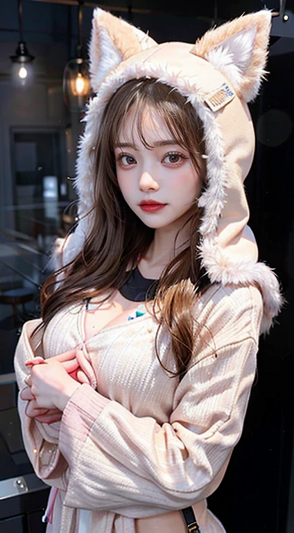 Parker Girl、Seeking warmth on a cold day。She wears a hoodie hood on her head.、I try to wrap my body around my body。That hoodie is pale in tones.、Comfortable movement while protecting the body。Hair fluttering in the wind、Blue eyes sparkle as if seeking warmth。She protects herself from the cold.、Enjoy the beauty of nature。Her presence makes me feel warm even on cold days.、Provides kindness and coziness。