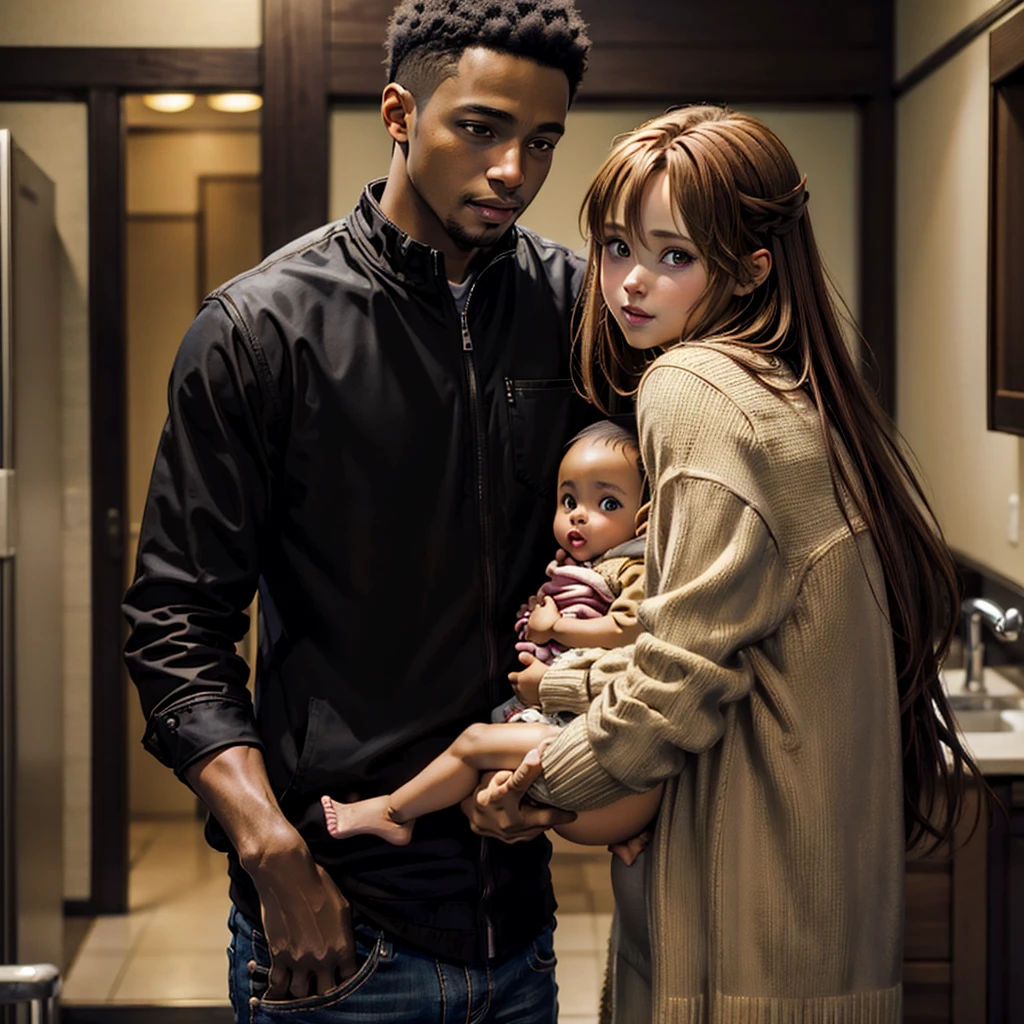 ((highest quality)), ((masterpiece)), Perfect Face、((Yuuki Asuna))、Brown Hair、((A woman holds a black baby))、Black man and woman standing close together、Black man fondling woman&#39;s breasts、Woman pregnant with black boy、（Breastfeeding）、Black men have dark skin and strong bodies