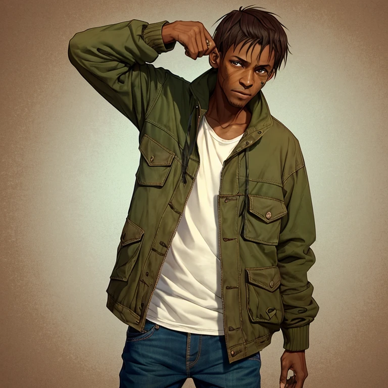 Short skinny man with slightly green skin wearing old beat up clothes under a big brown jacket. Looks like he was recently beat up 