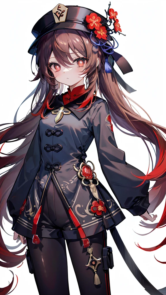 (masterpiece, top quality, best quality, official art, beautiful and aesthetic:1.2),(8k, best quality, masterpiece:1.2), (((masterpiece))),(((best quality))),(((extremely detailed))),illustration,who, (masterpiece, top quality, best quality, official art, beautiful and aesthetic:1.2),(8k, best quality, masterpiece:1.2), 1girl, Hu Tao \(genshin impact\), (yellow flower-shaped eyes, symbol shaped eyes, cross eyes), masterpiece,best quality, hu tao \(genshin impact\), 1girl, brown twin tail hair,multicolored hair, long hair,red eyes,symbol-shaped pupils, red flower black hat, long sleeves, brown short,brown bodysuit, brown short pants, cowboy shot, white background, expressionless,