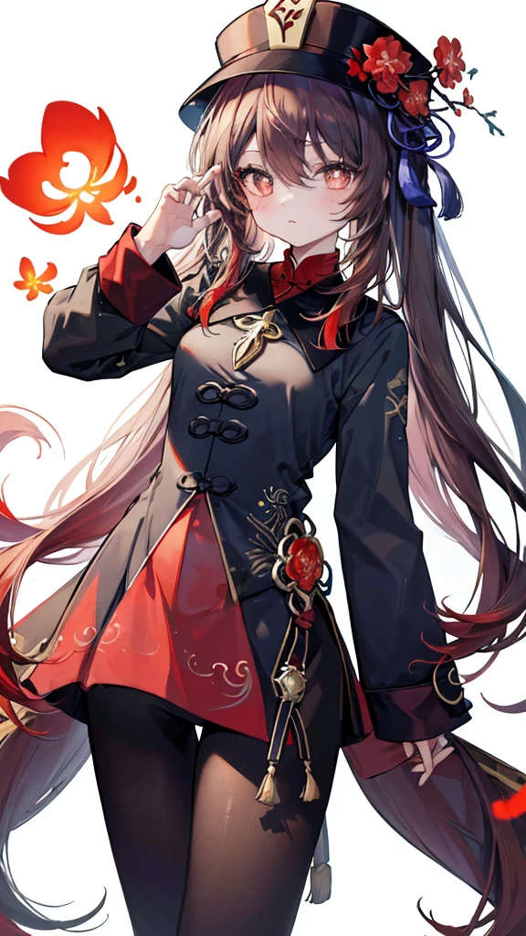(masterpiece, top quality, best quality, official art, beautiful and aesthetic:1.2),(8k, best quality, masterpiece:1.2), (((masterpiece))),(((best quality))),(((extremely detailed))),illustration,who, (masterpiece, top quality, best quality, official art, beautiful and aesthetic:1.2),(8k, best quality, masterpiece:1.2), 1girl, Hu Tao \(genshin impact\), (yellow flower-shaped eyes, symbol shaped eyes, cross eyes), masterpiece,best quality, hu tao \(genshin impact\), 1girl, brown twin tail hair,multicolored hair, long hair,red eyes,symbol-shaped pupils, red flower black hat, long sleeves, brown short,brown bodysuit, brown short pants, cowboy shot, white background, expressionless,