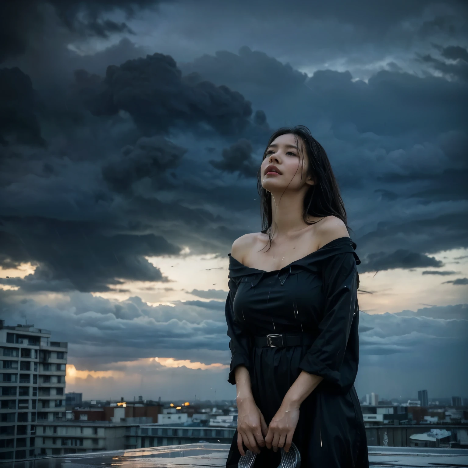 (highest quality、4K、High resolution)、Portrait、Beautifully detailed eyes、Perfectly shaped nose、Full and seductive lips、Shiny wet hair、A visually striking face、Ideal Body Proportions、Feminine and primitive lace dress、Stand on a rooftop and look out over the city skyline、Tall modern skyscrapers、There was a strong wind blowing.、(Heavy rain is pouring down from the dark clouds:1.6)、Dramatic lightning lit up the sky、My wet clothes were sticking to my body、Kneeling gracefully and confidently on the rooftop、Dresses fluttering in the wind、Eyes staring straight into the camera lens、It creates a fascinating and powerful connection.