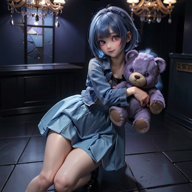 ((masterpiece)), ((highest quality)), ((High resolution)), ((Highly detailed 8K wallpapers)), Full body image, 1 girl, Anime girl with blue hair and purple eyes wearing a blue jacket, Bobcut, Highly detailed characters,A shy smile,hugging a brown teddy bear,Long skirt,Shining bright room