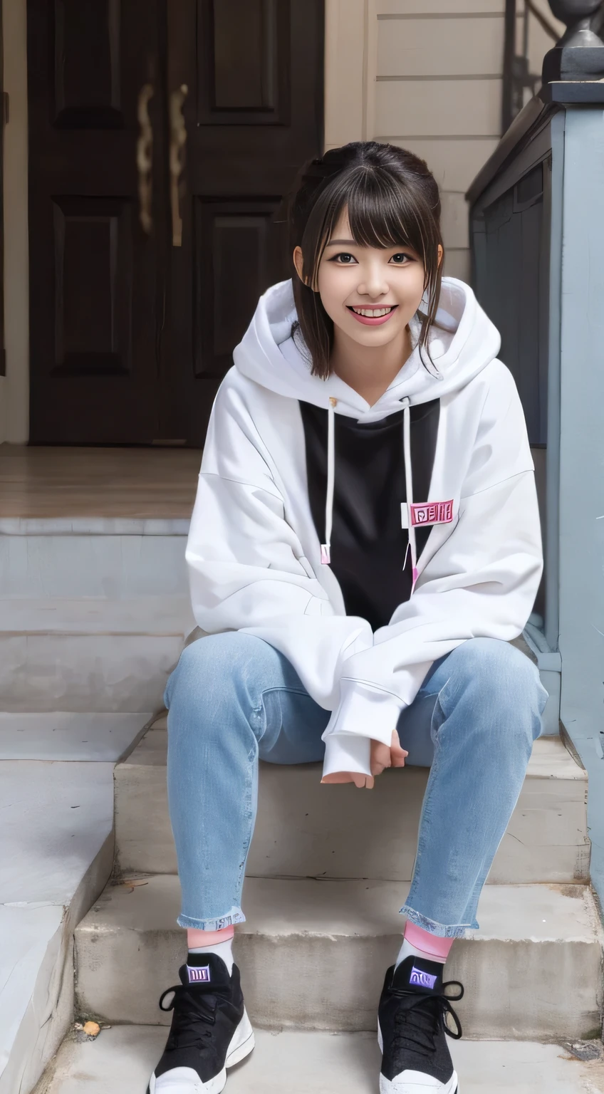 highest quality, Realistic, Very detailed, Finer details, High resolution, 8k wallpaper, One beautiful woman,Sit on the stairs、（Wear black socks）smile、（Beautiful teeth alignment、）（Gums are visible） Oversized hoodie, Skinny jeans,（ Black sneakers）、Black Hair、 Beautiful Bangs、ear piercing、Perfect dynamic composition, Beautiful and detailed, Full Body Shot, A big smile Wearing colorful socks