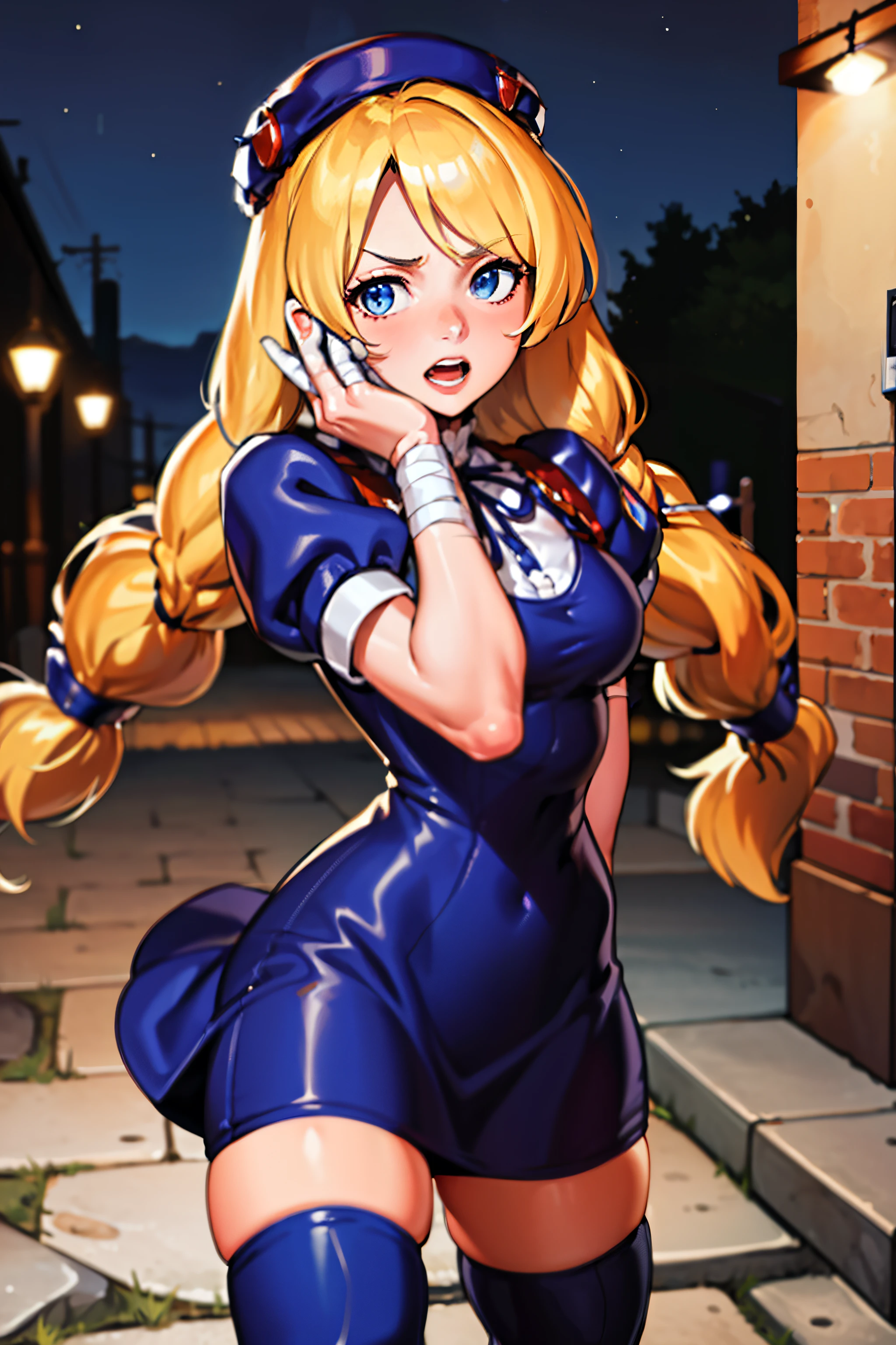 masterpiece, best quality, very aesthetic, absurdres, (newest) explicit, looking ar viewer, alley, Night, outdoors, 1girl, (HinakoMS:1.4), hat, blue eyes, short dress, beret, bandages, ribbon, knee pads, short sleeves, fight pose, arm over head, pale skin, open mouth, (solo focus)