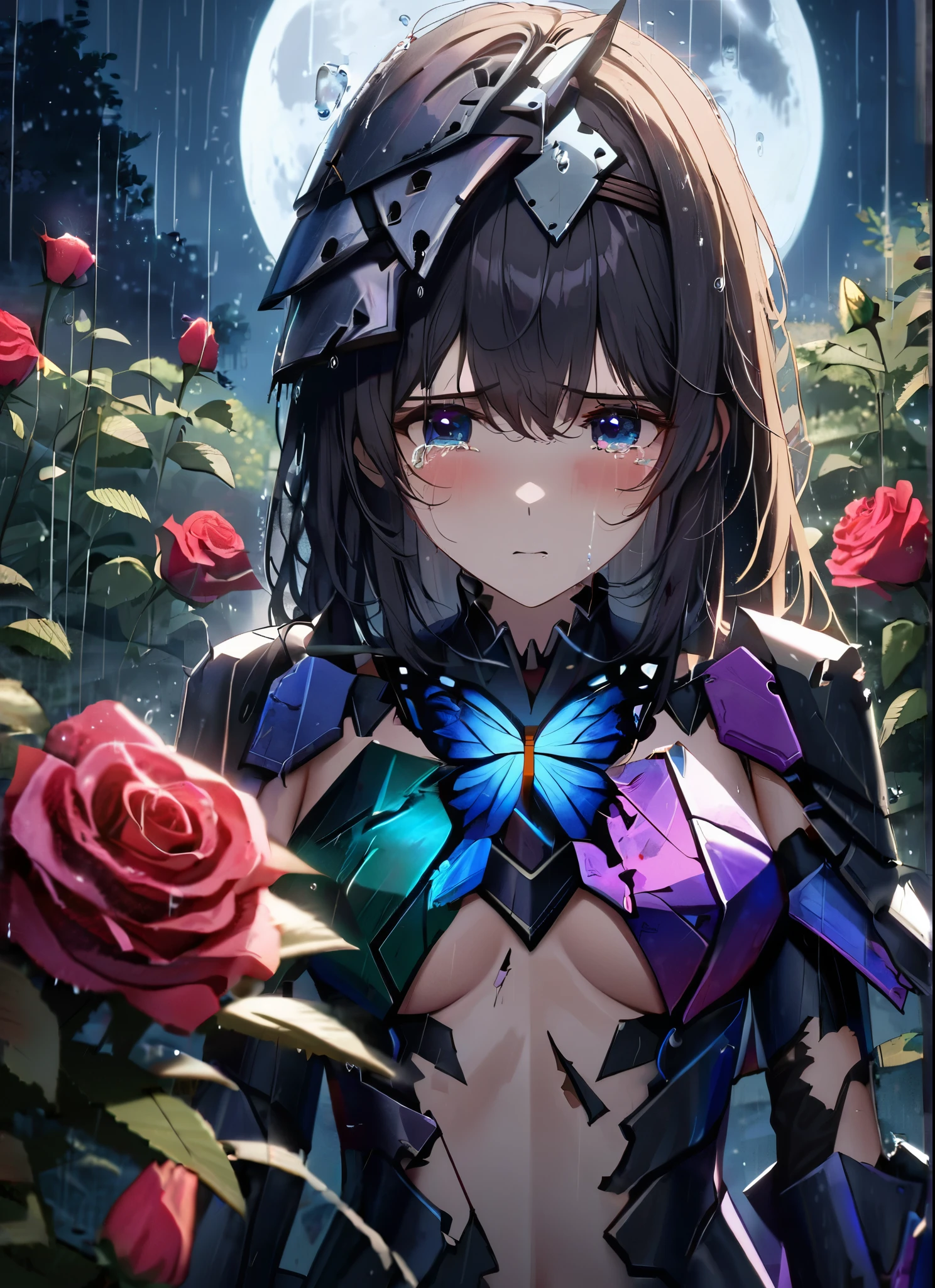 three girls, heartbroken, wearing a ultra shattered and ultra broken cute skimpy butterfly armor,  lot of missing pieces, very damaged armor ,ripped clothes, broken helmet ,broken shield  and broken sword, in tears, sad, dramatic scene, tears flowing in the face, garden, roses, rain, ultra detailed face, night, moonglow, light of the moon