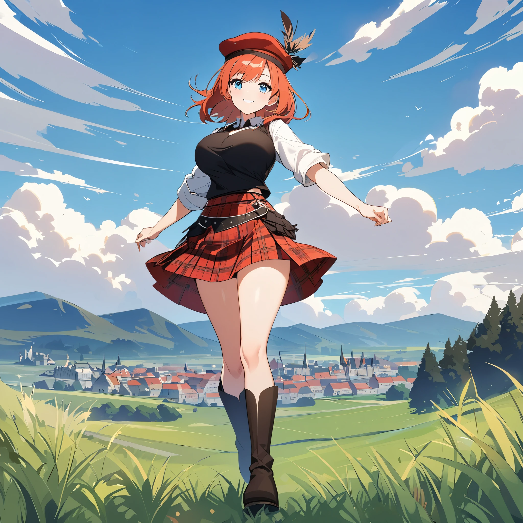 A woman wearing traditional Scottish Kilt, black shirt, red plaid skirt, wearing traditional Scottish hat, long orange red hair, ice blue eyes, black boots, exposed thigh, big breasts, smiling, full body, walking in an open field with cities Traditional Scottish background, blue sky with clouds.
