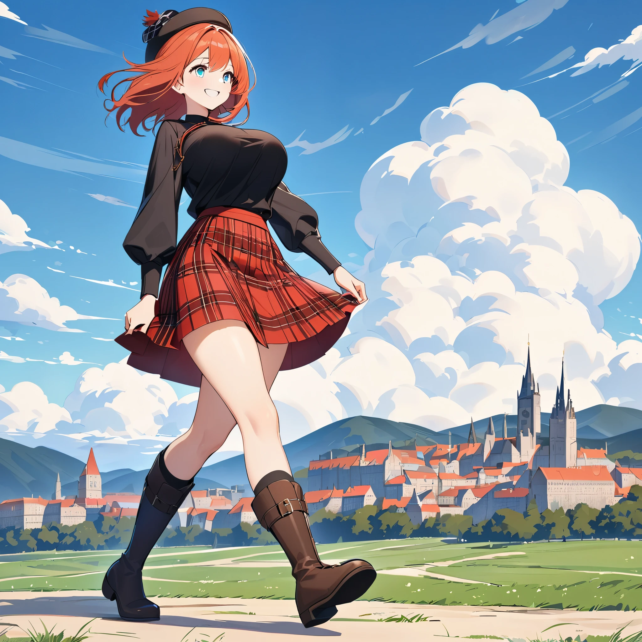 A woman wearing traditional Scottish Kilt, black shirt, red plaid skirt, wearing traditional Scottish hat, long orange red hair, ice blue eyes, black boots, exposed thigh, big breasts, smiling, full body, walking in an open field with cities Traditional Scottish background, blue sky with clouds.