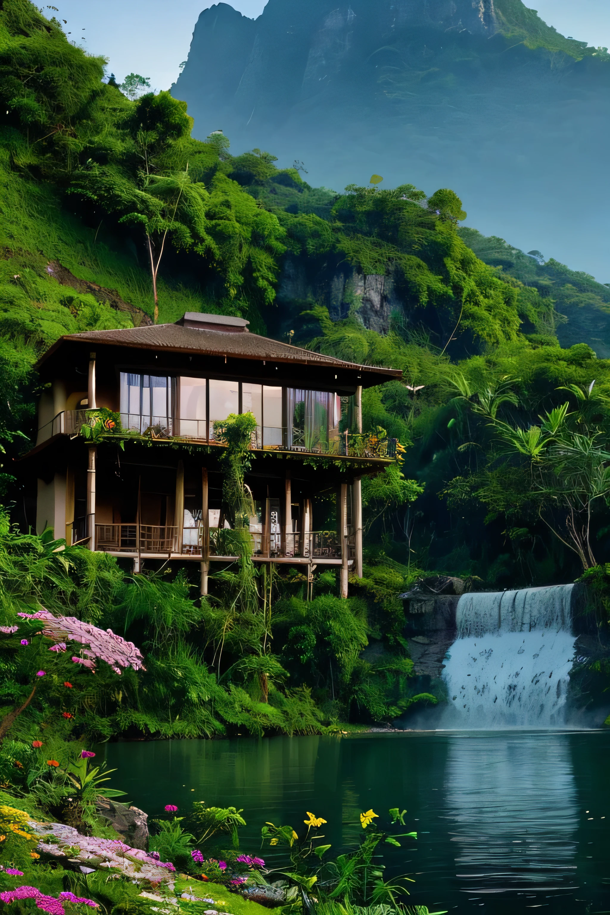 House in the jungle in front of the lake and waterfall nearby mountain with sun set and flowers