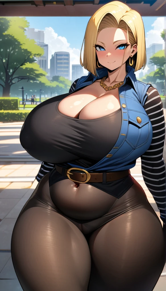 best quality, high-res, and18, 1girl, android 18, solo, blonde hair, blue eyes, belt, tight blue demin skirt, gold necklace, black shirt, short hair, long sleeves, striped sleeves, earrings, open vest, blue denim vest, massive fat breasts, cowboy shot, city park, full length pantyhose, very wide hips, tight clothes, sultry smile, very deep cleavage, massive wide fat round ass, big fat belly, sexy very curvy very fat very motherly body, slight blushing, bedroom eyes, from behind, looking back, deep fat navel, curvy obese woman