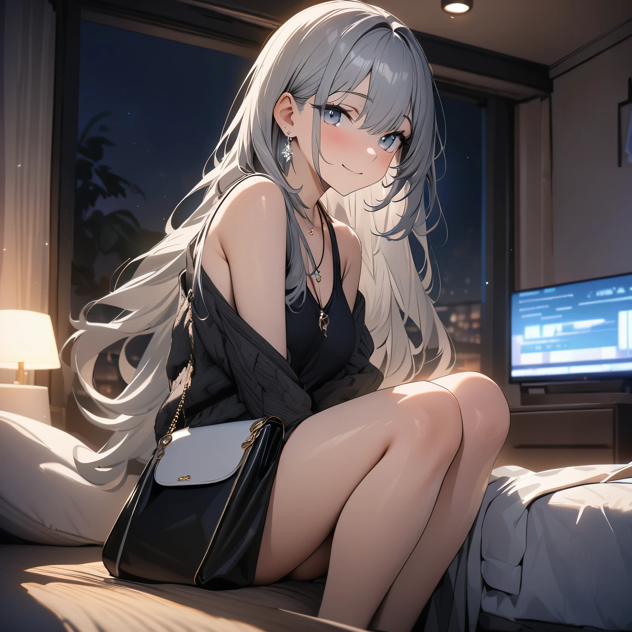 masterpiece, highest quality, Ultra high definition, Ultra-fine, 4K, 8k, highest quality, beautiful, Cute Woman, alone, (beautiful,Gray Hair, beautiful eyes, Long Hair, smile), Knee pillow,Bedroom,night,necklace, Earrings, accessories, bag, Great lighting,Exceptional resolution,, Audio Notes,