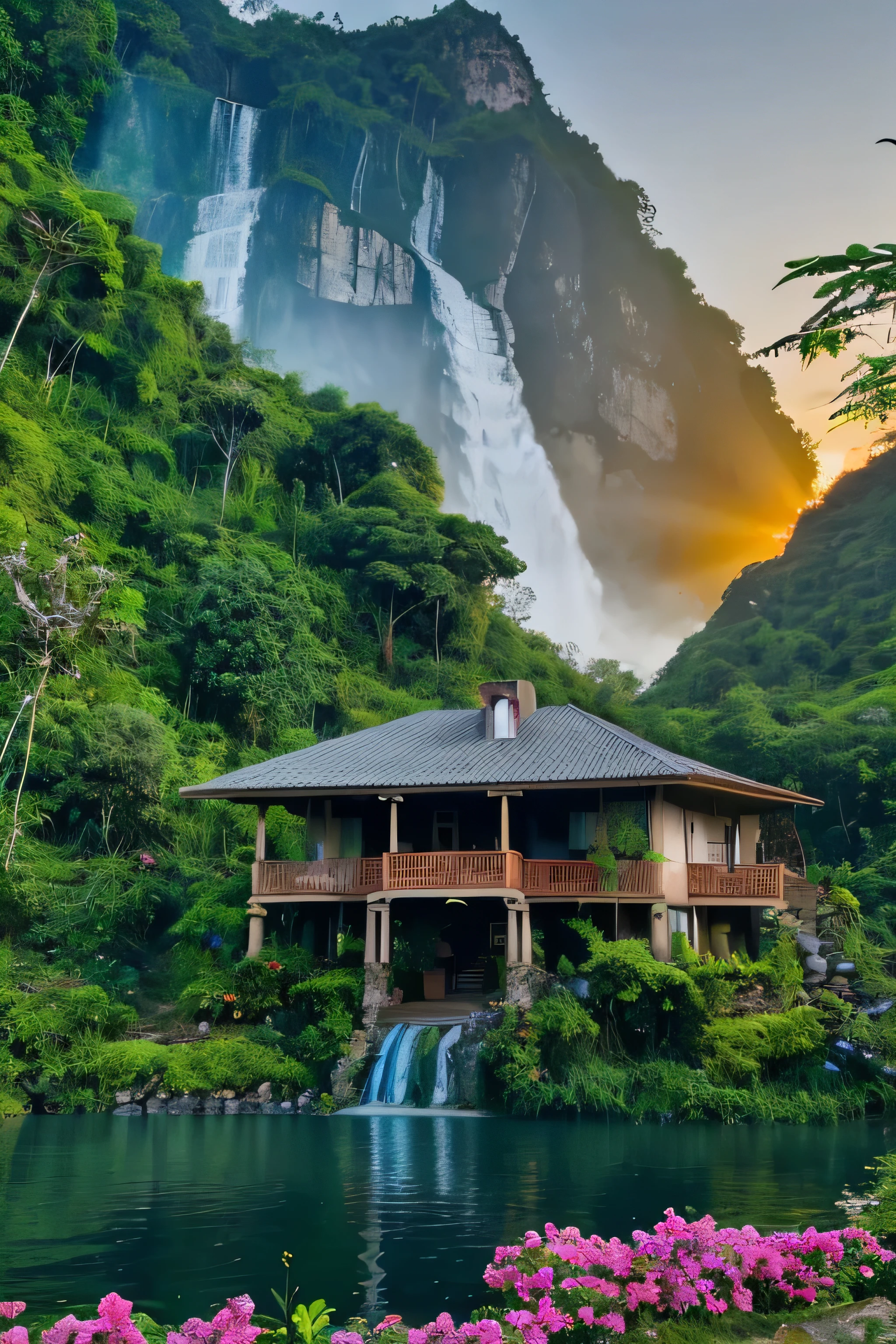 House in the jungle in front of the lake and waterfall nearby mountain with sun set and flowers