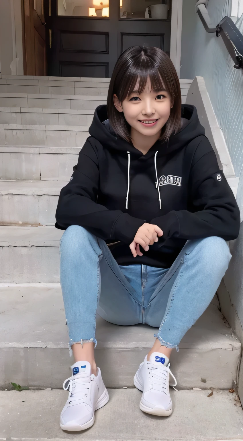 highest quality, Realistic, Very detailed, Finer details, High resolution, 8k wallpaper, One beautiful woman,Sit on the stairs、（Wear black socks）smile、（Beautiful teeth alignment、）（Gums are visible） Oversized hoodie, Skinny jeans,（ Black sneakers）、Black Hair、 Beautiful Bangs、ear piercing、Perfect dynamic composition, Beautiful and detailed, Full Body Shot, A big smile

