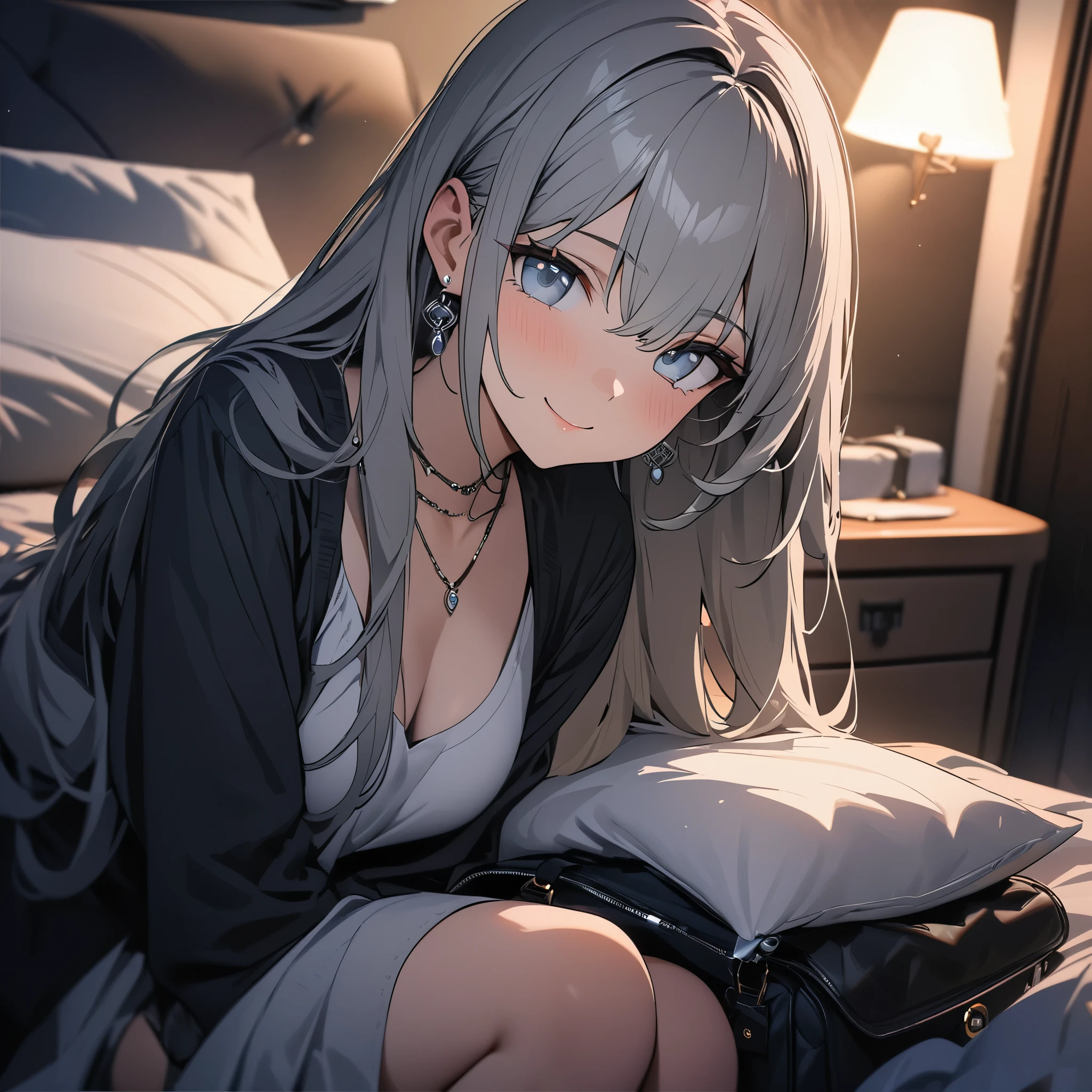masterpiece, highest quality, Ultra high definition, Ultra-fine, 4K, 8k, highest quality, beautiful, Cute Woman, alone, (beautiful,Gray Hair, beautiful eyes, Long Hair, smile), Knee pillow,Bedroom,night,necklace, Earrings, accessories, bag, Great lighting,Exceptional resolution,, Audio Notes,