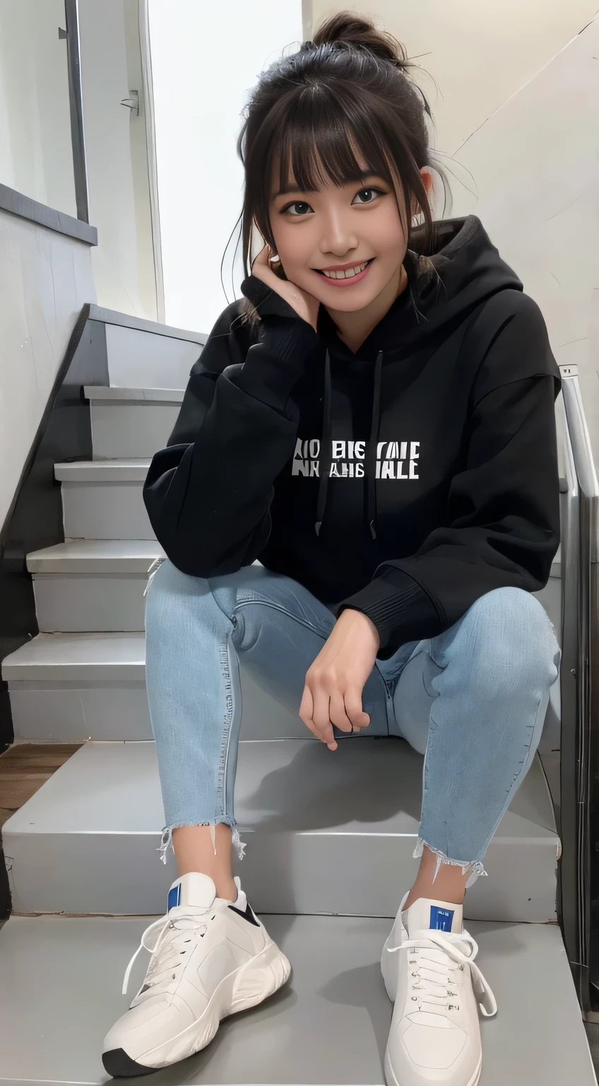 highest quality, Realistic, Very detailed, Finer details, High resolution, 8k wallpaper, One beautiful woman,Sit on the stairs、（Wear black socks）smile、（Beautiful teeth alignment、）（Gums are visible） Oversized hoodie, Skinny jeans,（ Black sneakers）、Black Hair、 Beautiful Bangs、ear piercing、Perfect dynamic composition, Beautiful and detailed, Full Body Shot, A big smile

