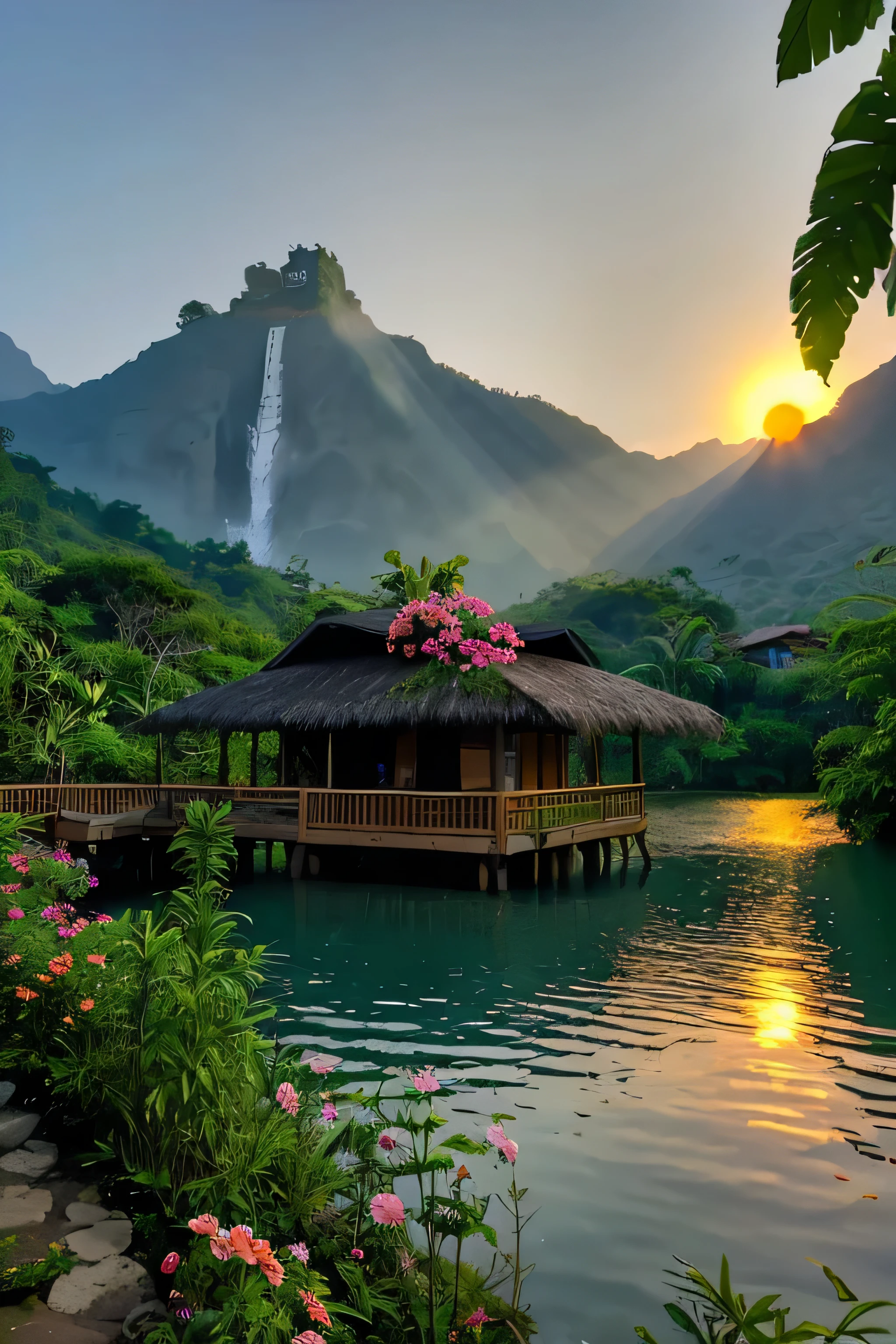 House in the jungle in front of the lake and waterfall nearby mountain with sun set and flowers