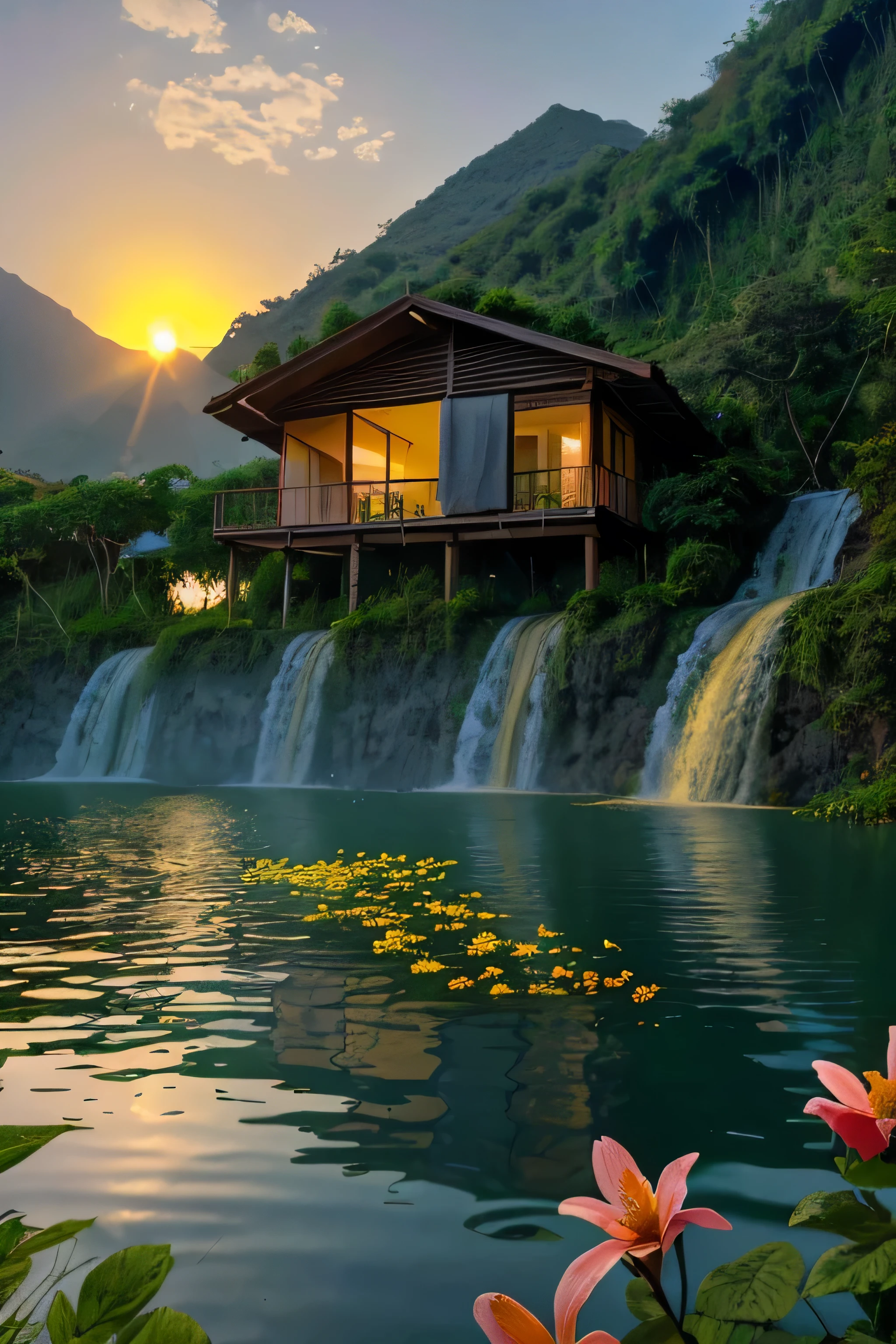 House in the jungle in front of the lake and waterfall nearby mountain with sun set and flowers