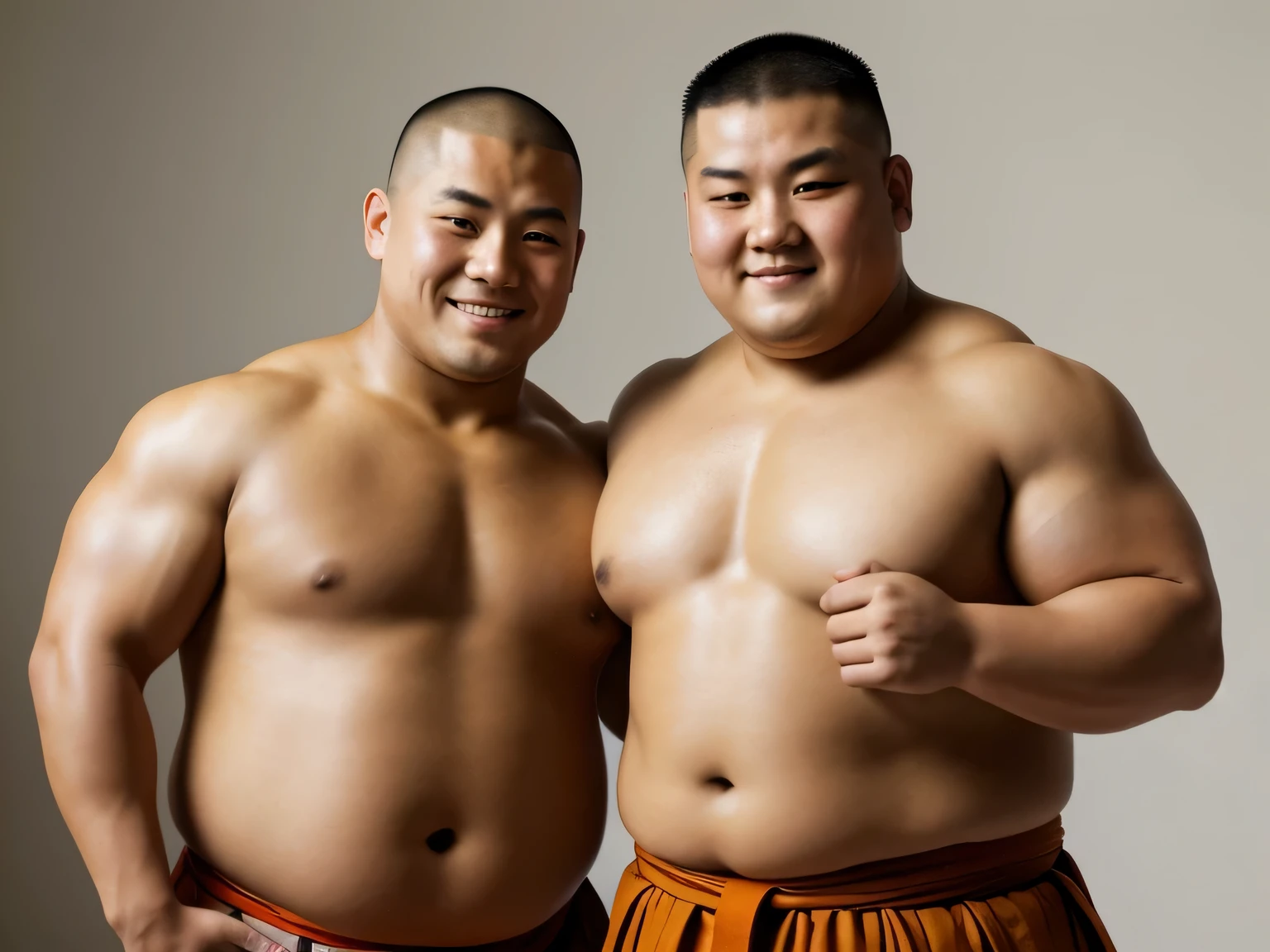 A young  from ancient Japan, who looks like a fat bodybuilder like a sumo wrestler、A young monkm ancient Japan, looking like a fat bodybuilder like a sumo wrestler, standing with his arm around his shoulders in joy
