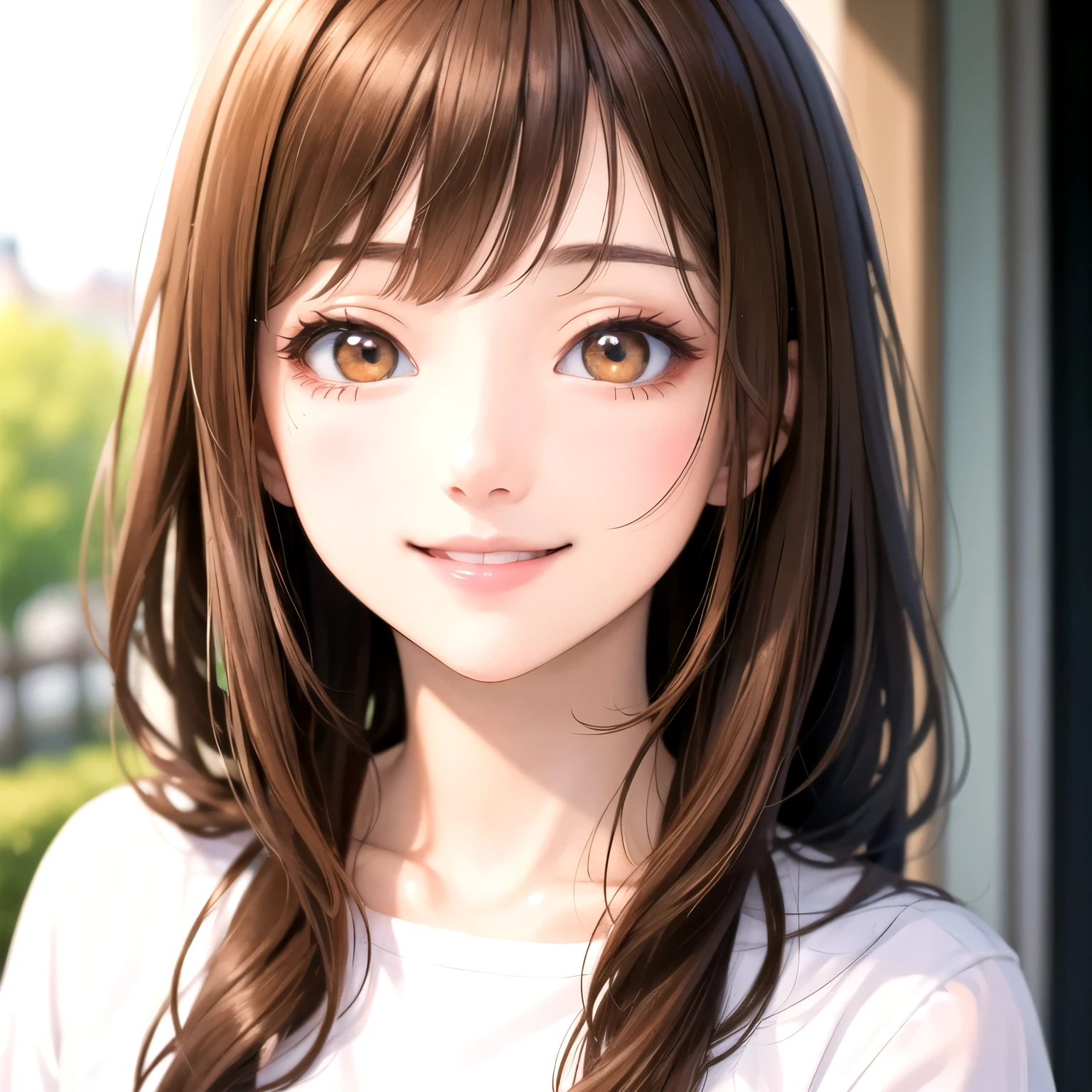 ((best quality)), ((masterpiece)), (detailed), perfect face. Brown hair. Anime girl. Ulzzang. Brown eyes. Glowing eyes. Smiling. Shirt.