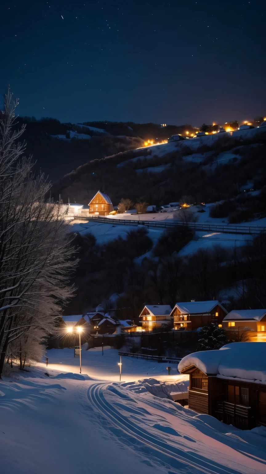 Snow，night，village