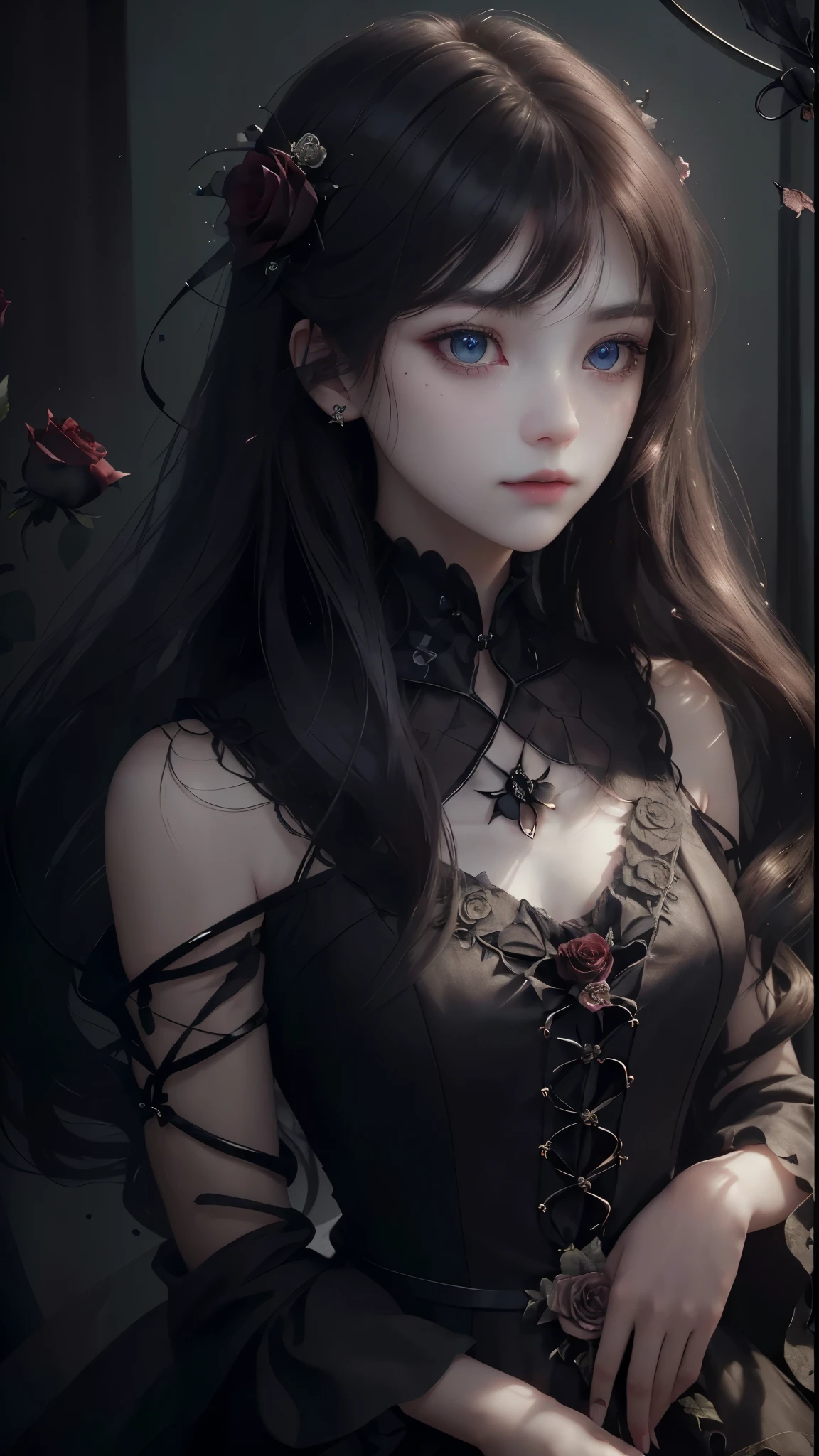 A teenage girl,Wilted roses,Gothic,whaite hair,Hyper-Resolution,accuracy,detail render,(Delicate facial portrayal)(Fine hair portrayal)(highest quality)(Master masterpieces)(High degree of completion)(a sense of atmosphere)tmasterpiece,ultra - detailed(half-body portrait)