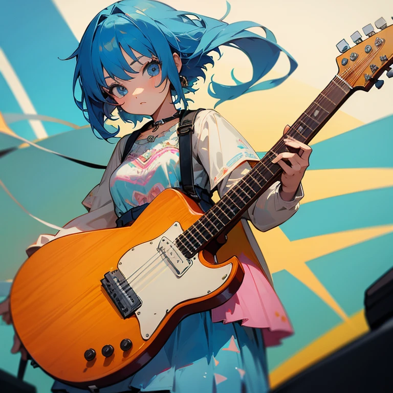 Anime girl with bohemian style and guitar on her back