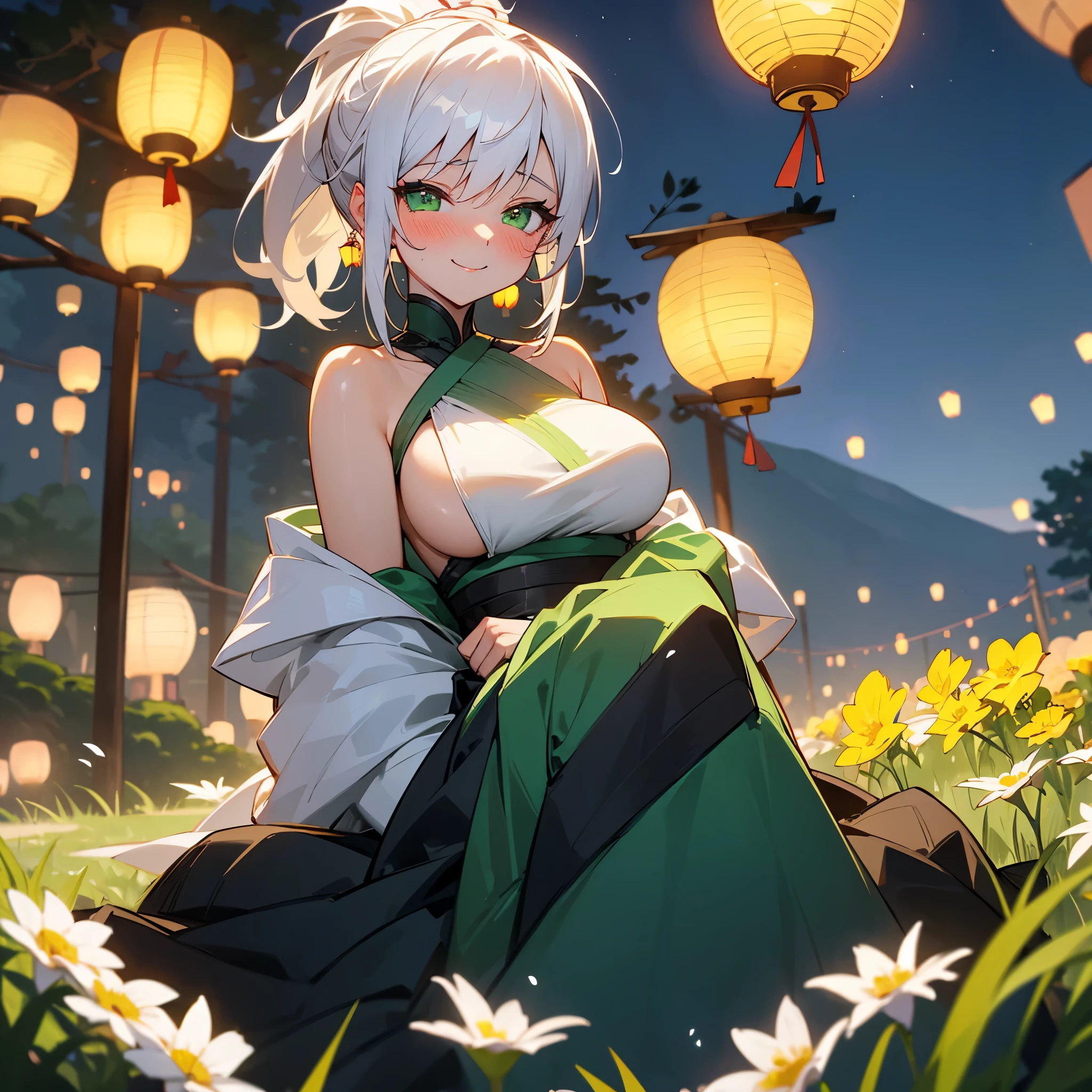 1female, big breast, young adult, finely detailed green eyes, messy tied up ponytail, white hair, fancy dress, blushing, excited smile, sitting on grass, surrounded by flowers, lanterns, night time