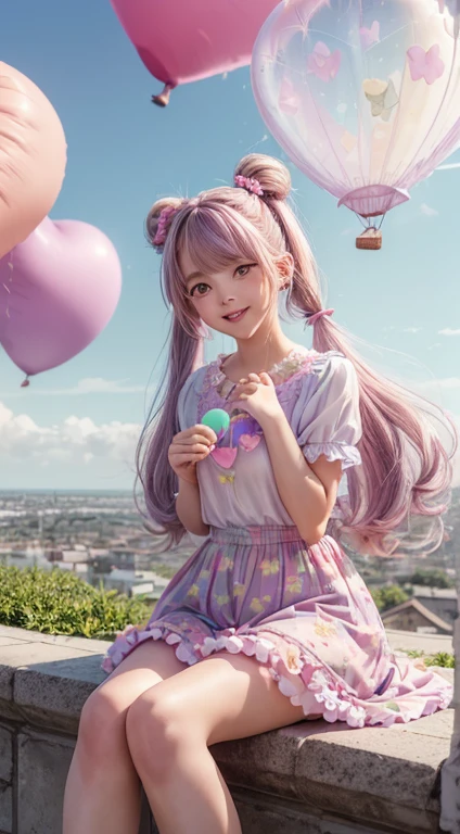 A girl sits on a huge ice cream decorated with bright colors, pleasant frostings and rainbow sprinkles. With slender legs, she holds an oversized waffle cone, pink hair, star print, and shimmering candy. Floating around her were small balloons, each strapped with a small candy. The scene is full of sweetness and joy, showing the girl's happiness and the charming fusion of her imagination with the fantasy world, blue sky,