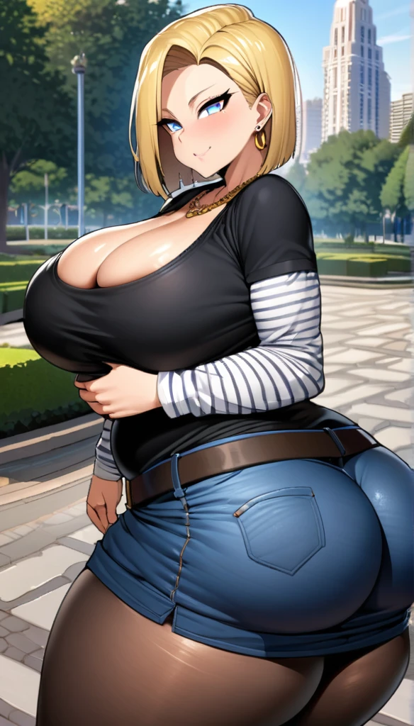 best quality, high-res, and18, 1girl, android 18, solo, blonde hair, blue eyes, belt, tight blue demin skirt, gold necklace, black shirt, short hair, long sleeves, striped sleeves, earrings, open vest, blue denim vest, massive fat breasts, cowboy shot, city park, full length pantyhose, very wide hips, tight clothes, sultry smile, very deep cleavage, massive wide fat round ass, big fat belly, sexy very curvy very fat very motherly body, slight blushing, bedroom eyes, from behind, looking back, deep fat navel, curvy obese woman, disproportionately hyper massive fat wide round ass,