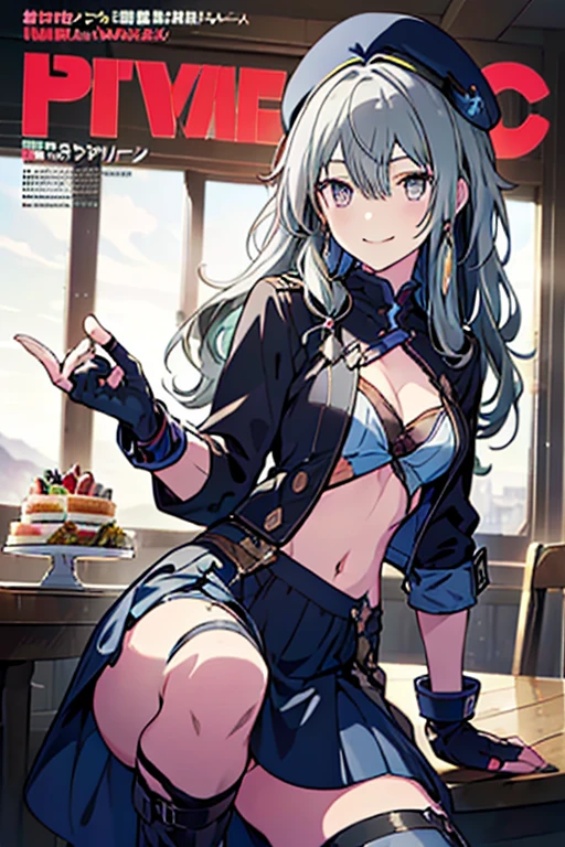 (from below:1.2),(from side:0.9), ((beautiful Face)), (Close-Up:0.6), ((looking at viewer, holding a icecream)),(Italian sweets magazine cover:1.4), highest quality、(real、photorealistic:1.5),(ultra high resolution,dark blue hair,long hair,side ponytail,hair between eyes,bangs, (beret, black jacket, open clothes, cleavage, midriff, black perfect medium skirt, black thighhighs, thigh strap, fingerless gloves, single glove:1.2), (double breasted,under bust:1.2), sitting at a table, cute, visual of a cute girl, cute girl, eating cakes, young girl, guweiz, high quality anime artstyle, anime girl, artwork in the style of guweiz, beautiful girl, pretty girl, official artwork,(with sparkling eyes and a contagious smile),her thin pubic hair, looking at viewer, pose muy sexy"