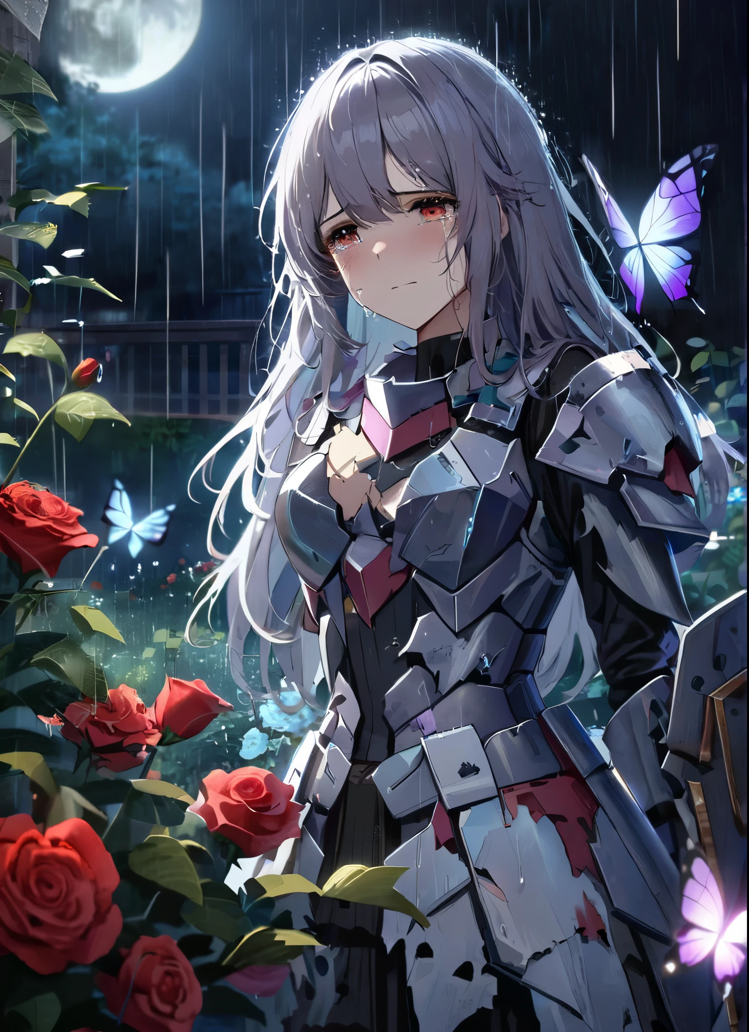 three girls, heartbroken, wearing a ultra shattered and ultra broken cute skimpy butterfly heavy armor,  lot of missing pieces, very damaged armor ,ripped clothes, broken helmet ,broken shield  and broken sword, in tears, sad, dramatic scene, tears flowing in the face, garden, roses, rain, ultra detailed face, night, moonglow, light of the moon