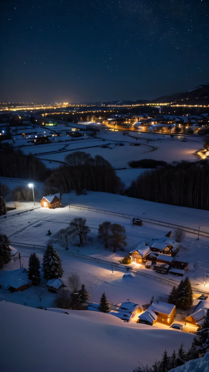 Snow，night，village