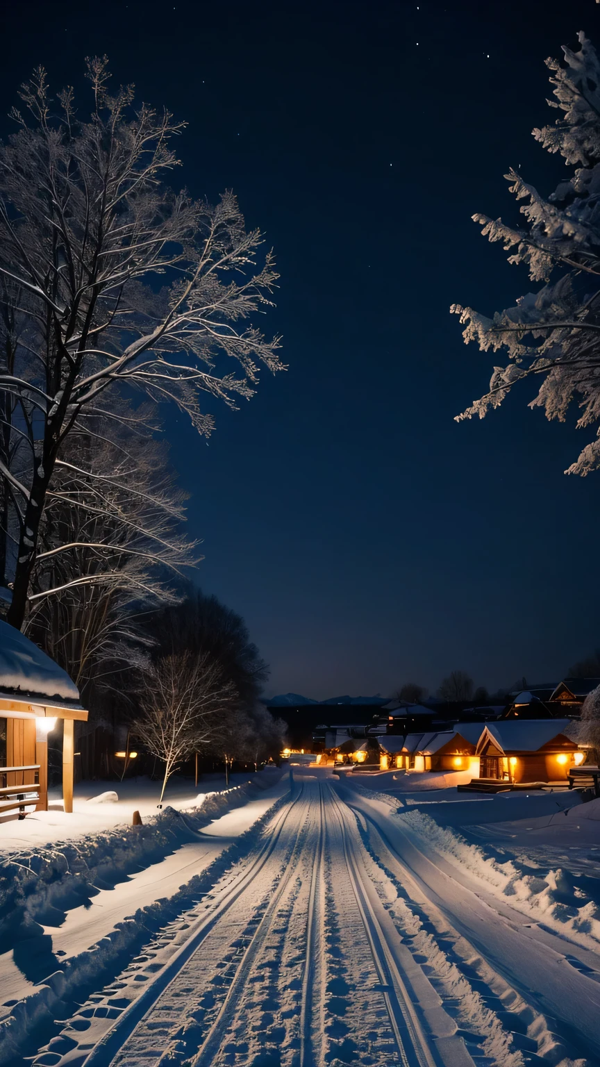 Snow，night，village