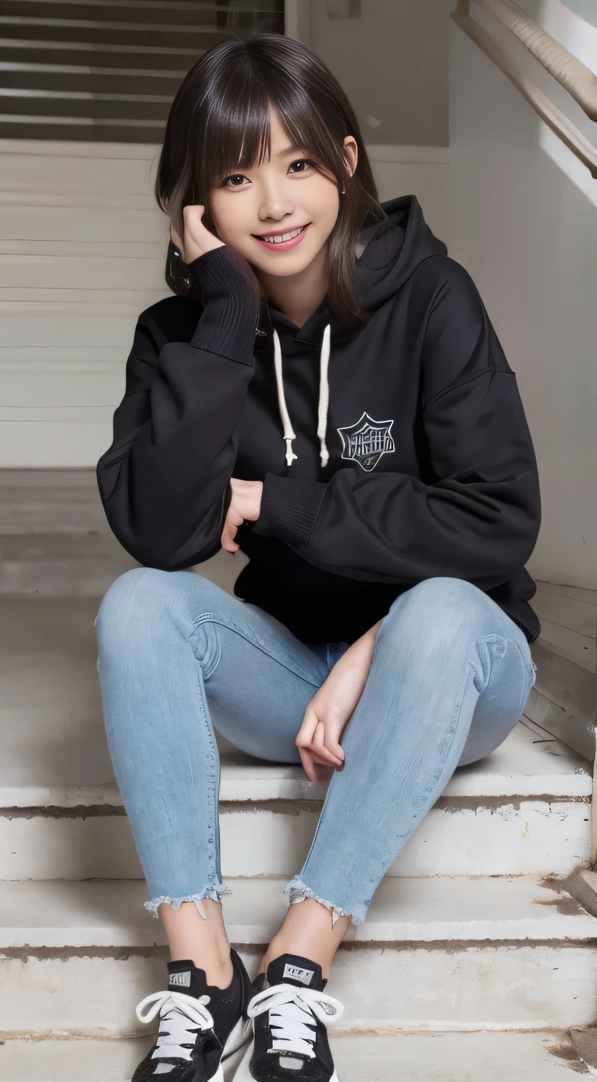 A Japanese milf, photo of one girl, Slender figure, Realistic teeth, wearing oversized hoodie, down hood, smile, full-body, masterpiece, best quality, detailed, beauty, Pub, indoor,