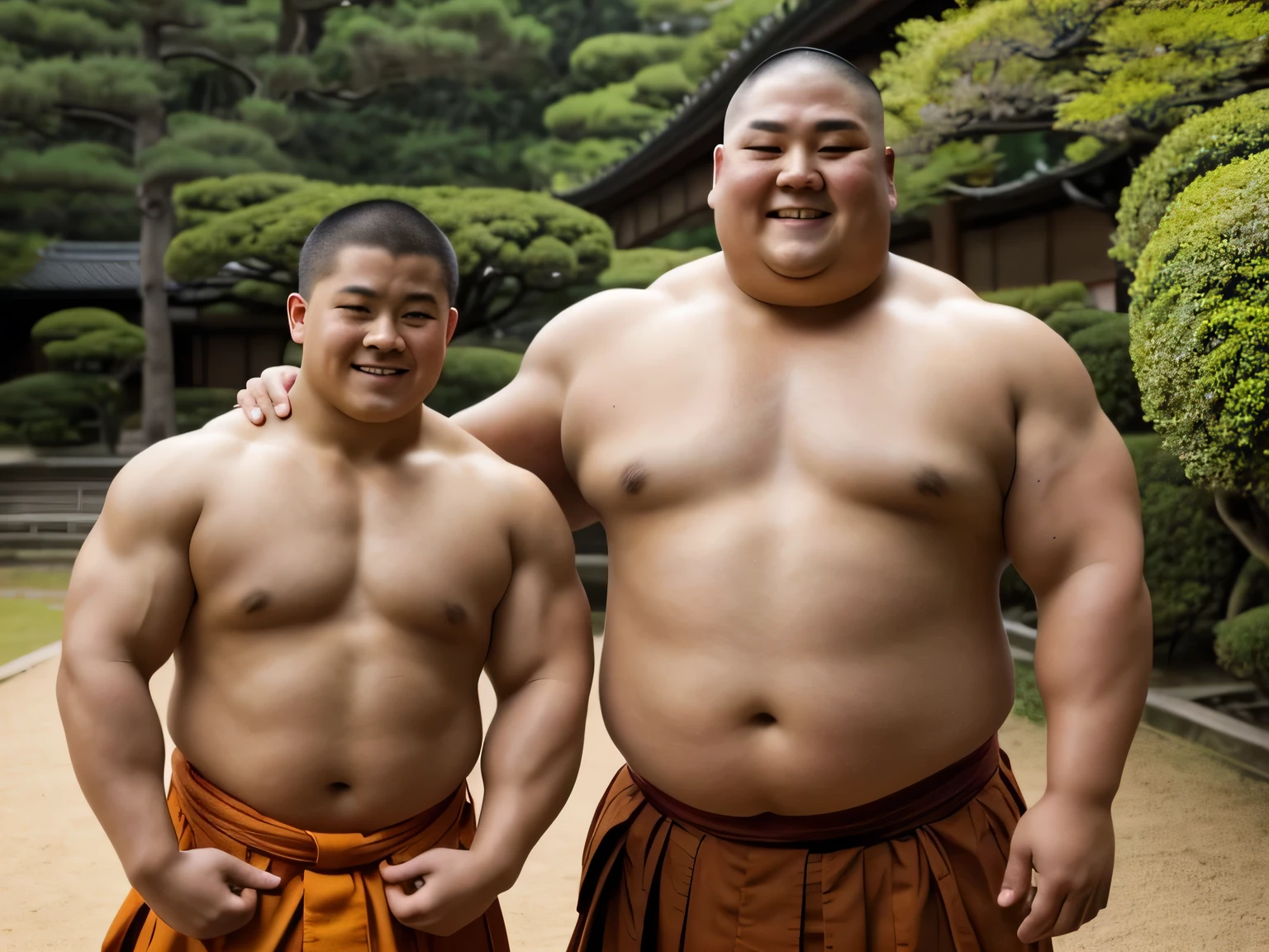 A young monk from ancient Japan, who looks like a fat bodybuilder like a sumo wrestler、A young monk from ancient Japan, looking like a fat bodybuilder like a sumo wrestler, standing with his arm around his shoulders in joy
