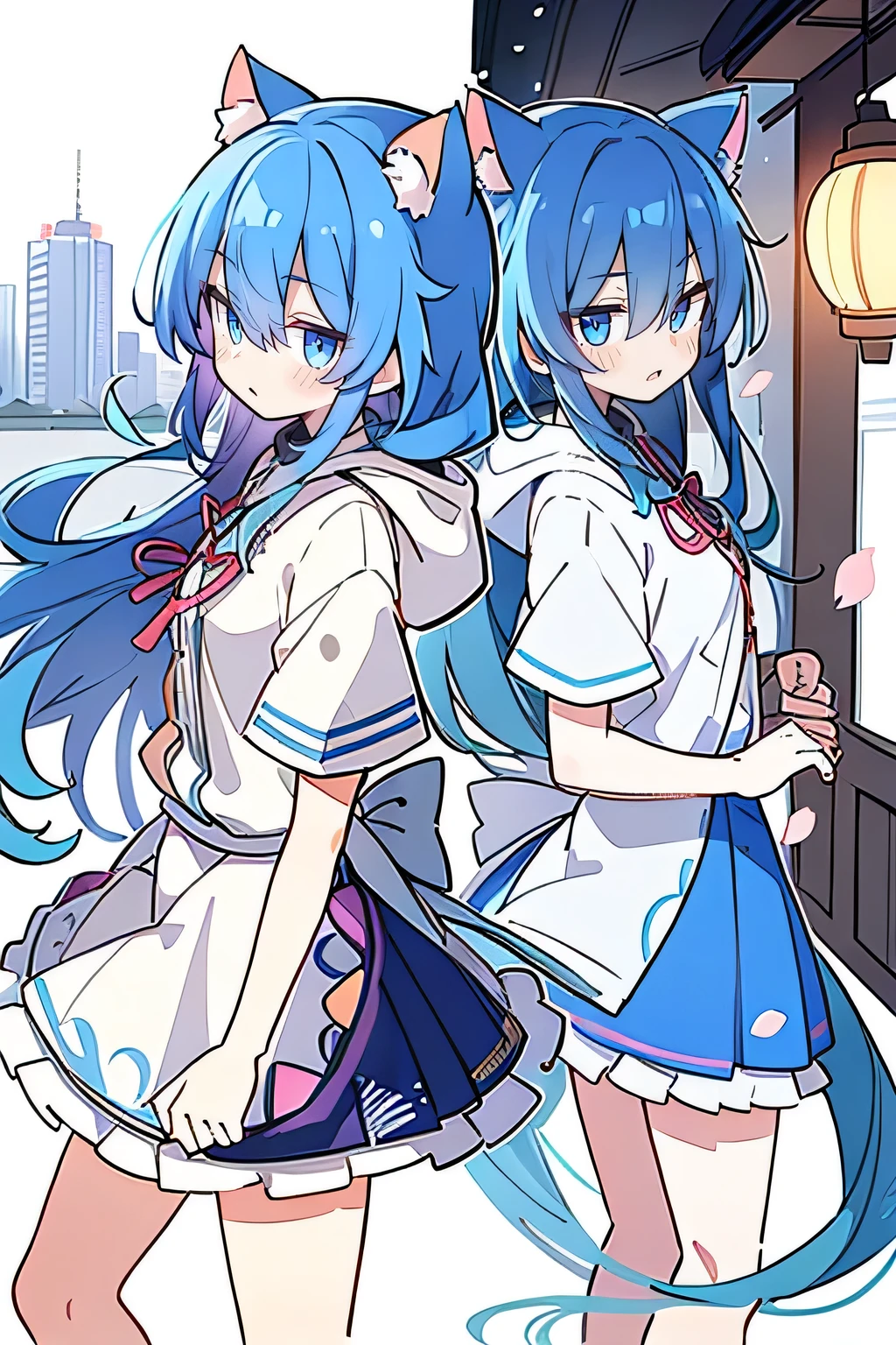 (masterpiece:1.2),Super detailed,lifelike,Expressive eyes,fair skin,perfect face shape,1 girl,
Japanese comics,Gorgeous blue hair,flowing blue hair,flowing clothes,Cat ears,Petals fall,beautiful lola,Baby Angel,
Shaking head with one hand,Cross your legs,Gentle and peaceful background,The pavilion is cool and comfortable,smile, wearing hoodie, background of tokyo,back views,snowing, winter,Looking down, disgusted expression.