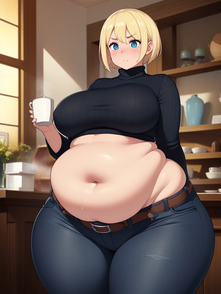 ((Masterpiece)), perfect anatomy, perfect shading, field of depth, (best quality), extremely delicate and beautiful, perfect lighting, detailed face, ultra cute face, cute, (cowboy shot 1.2), turned to the side, (((1girl))), ((solo)), looking at viewer,
short hair, fluffy hair, blonde hair, blue eyes, ((Blush)), shy, nervous, (black turtleneck sweater 1.5), (jeans 1.2), belt, extremely tight clothes, massive fat breasts, ((very wide hips)), ((very thick thighs)), ((very fat)), big fat plump belly, massive bloated belly, deep fat navel,
coffee shop, sitting, intricate background, detailed background,