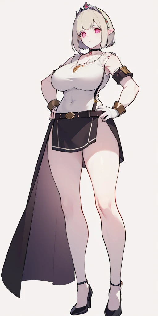 (((Plain background 1:2))) (masterpiece, high quality: 1.1) 1girl full body standing, hairstyle with a braid, white colored hair, yellow eyes, perfect lighting, muscular, thighs, mature woman, mummy, bellybutton, abs, looks at the viewer smile RED CHEEKS, extremely huge breasts, maternal, porcelain skin, extra very long hair, sparkly skin, good face, chest cover, HANDS ON HIPS