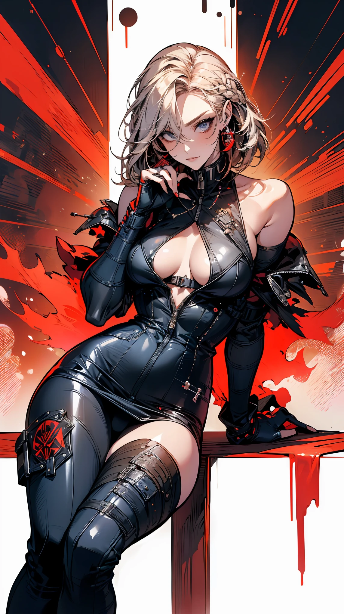 (((woman))), (((best qualityer))), (((tmasterpiece))), (((AS-Adult))), (((1girll))), ((( Bob Hairstyles ))), A 25-year-old cyberpunk gladiator with a perfect body, Shoulder pads with metal spines, Brooklyn gladiolus, (( Bob Hairstyles )), Small leather panties, Torn football team shirt, Simon Beasley, almost naked(Simon Bisley)Urban barbaric style for(heavy metal) Minimum clothing, Left arm metal protection,With complex graphics, dark red color,White stars and white and navy blue checkerboard pattern, armure, Full of tips and rivets, (((From the knee up))), Short white blonde hair, The background is Shepard Fairley(Shepard Fairey)Painted walls of complex design