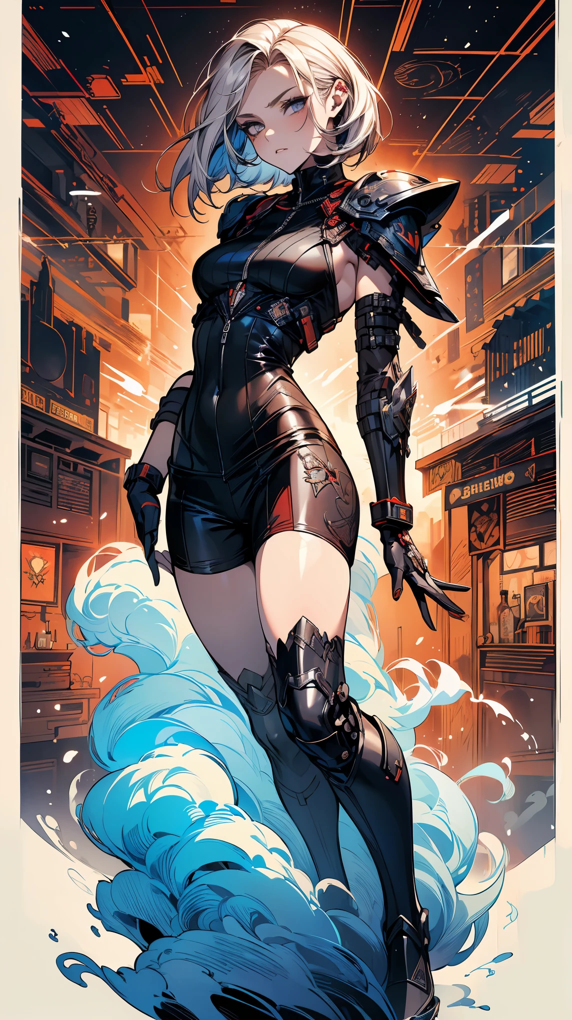 (((woman))), (((best qualityer))), (((tmasterpiece))), (((AS-Adult))), (((1girll))), ((( Bob Hairstyles ))), A 25-year-old cyberpunk gladiator with a perfect body, Shoulder pads with metal spines, Brooklyn gladiolus, (( Bob Hairstyles )), Small leather panties, Torn football team shirt, Simon Beasley, almost naked(Simon Bisley)Urban barbaric style for(heavy metal) Minimum clothing, Left arm metal protection,With complex graphics, dark red color,White stars and white and navy blue checkerboard pattern, armure, Full of tips and rivets, (((From the knee up))), Short white blonde hair, The background is Shepard Fairley(Shepard Fairey)Painted walls of complex design