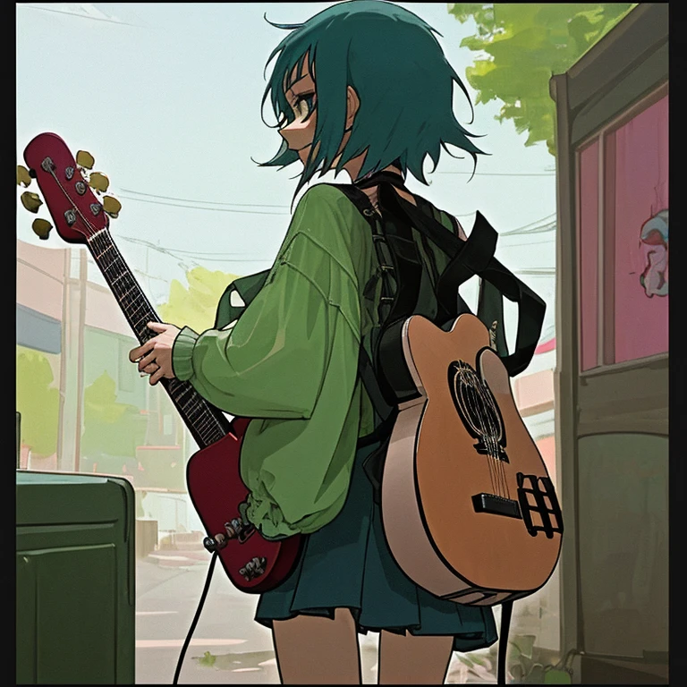 Anime girl indie Bohemian style, bringing guitar on her back. Pov from her behind